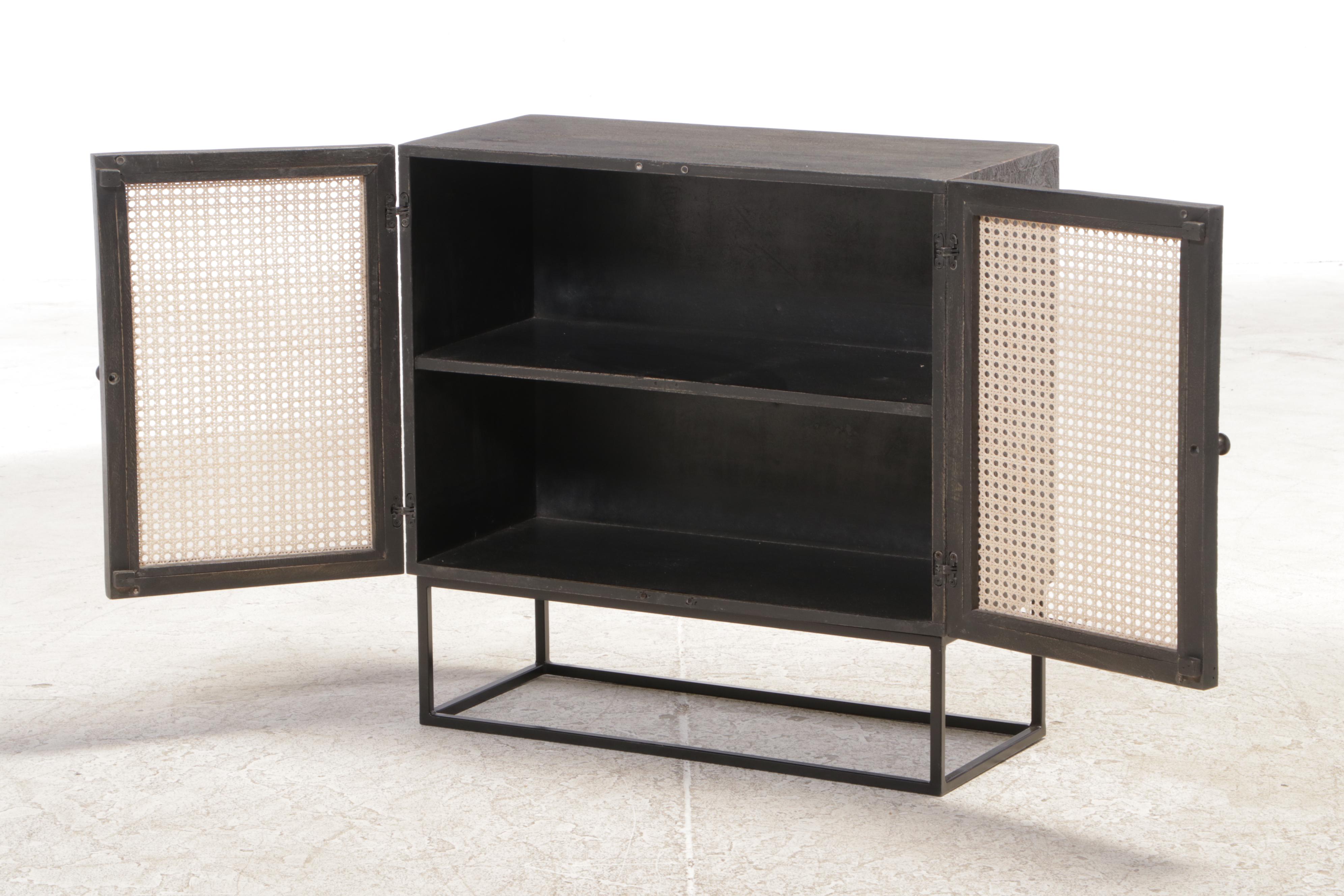 Modern Ebonized Wood, Caned and Metal Cabinet-on-Stand