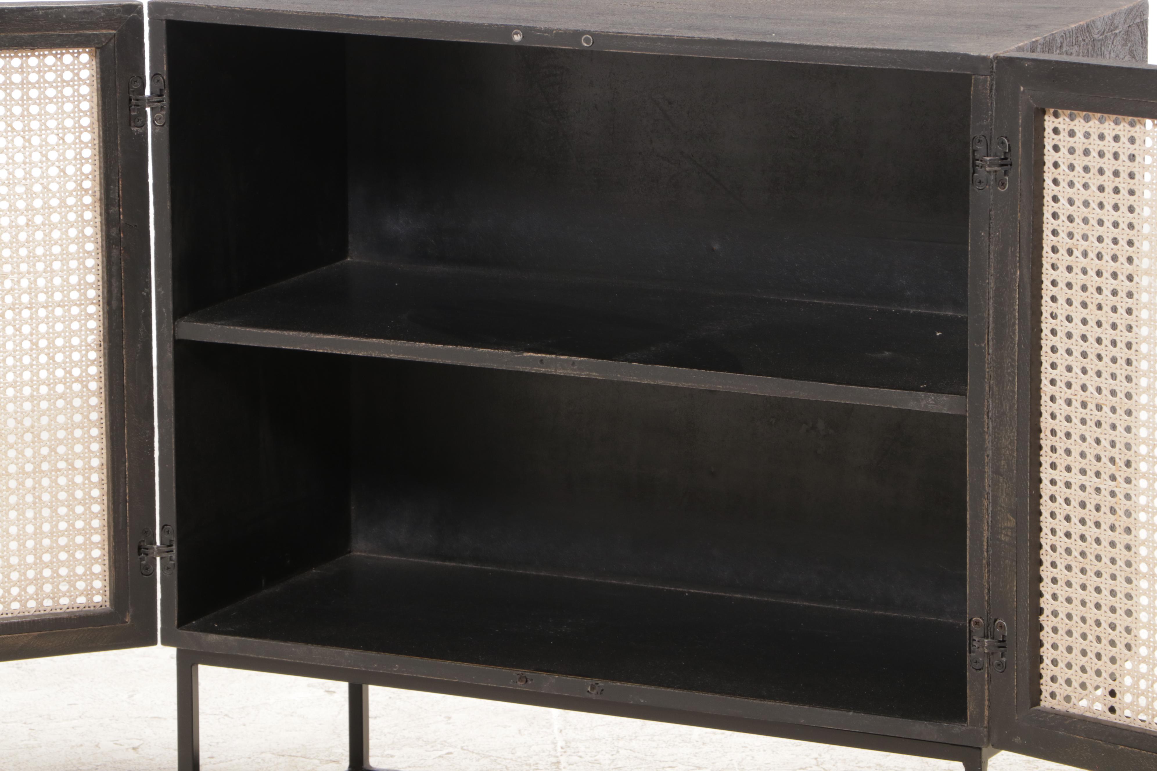 Modern Ebonized Wood, Caned and Metal Cabinet-on-Stand