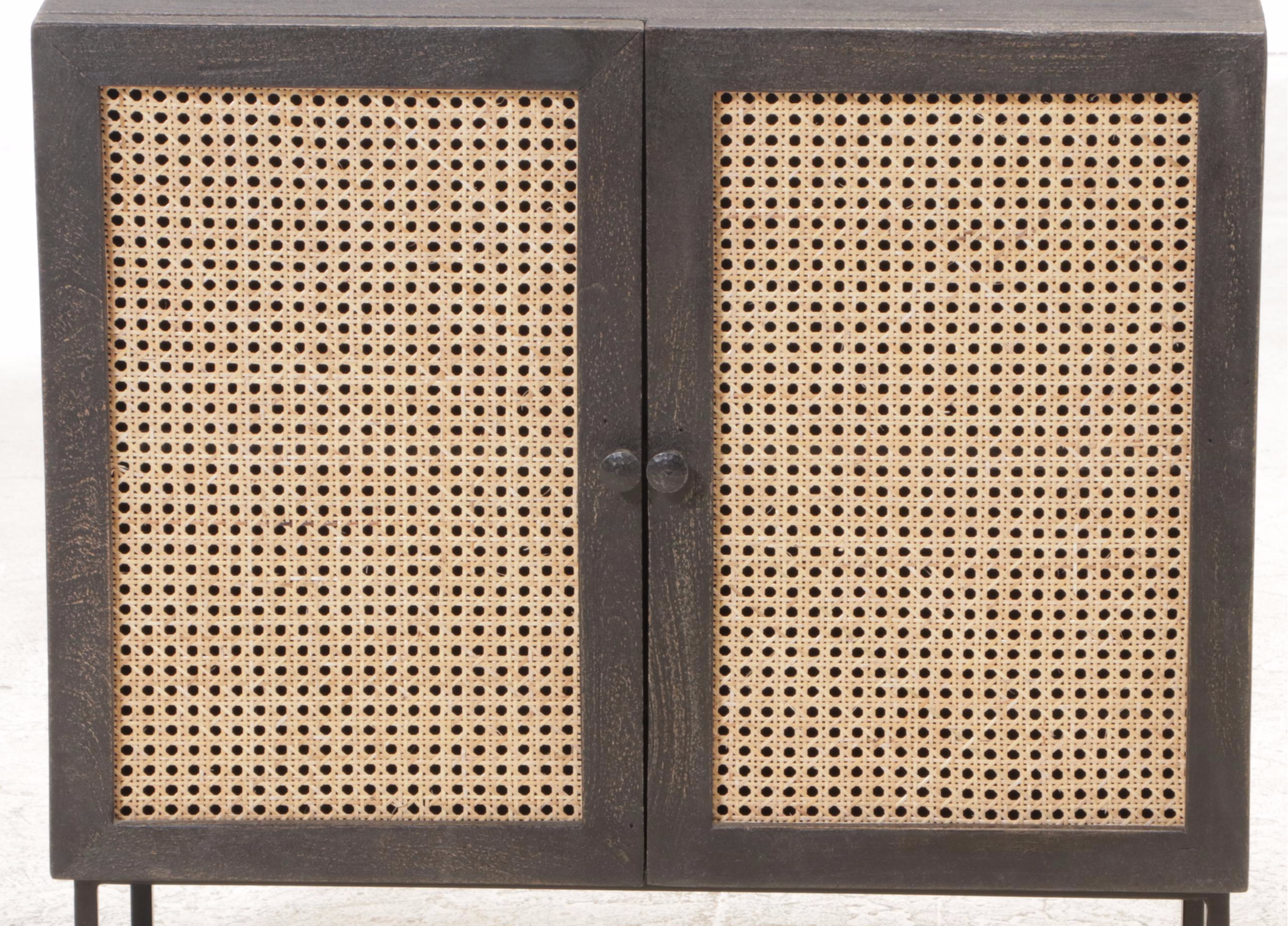 Modern Ebonized Wood, Caned and Metal Cabinet-on-Stand