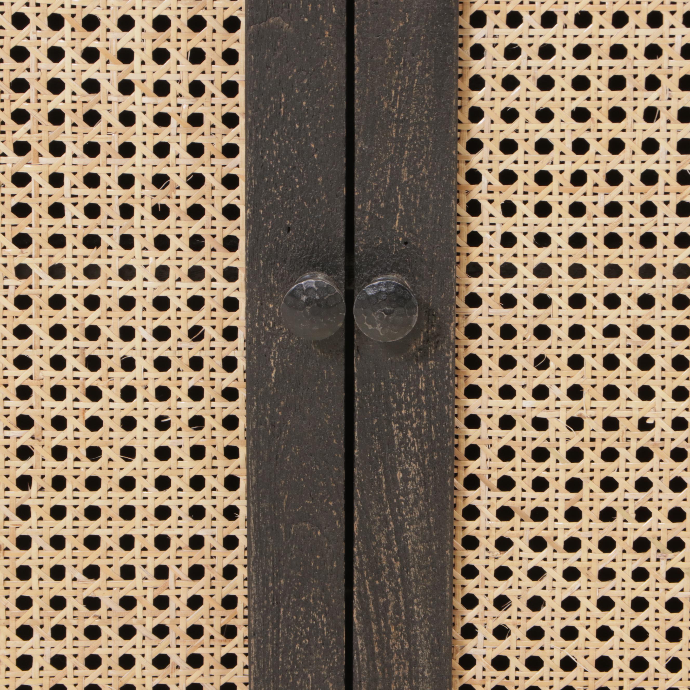 Modern Ebonized Wood, Caned and Metal Cabinet-on-Stand