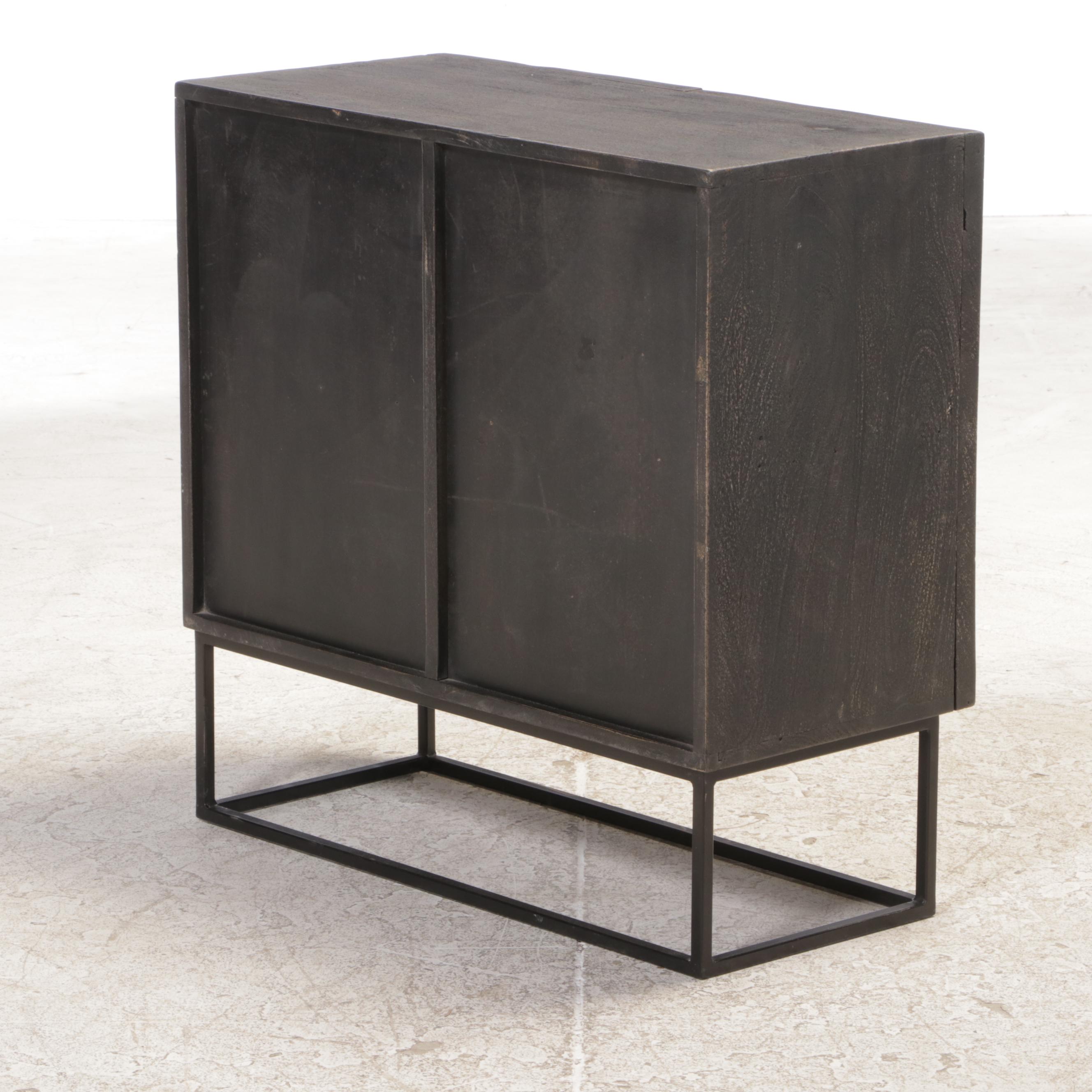 Modern Ebonized Wood, Caned and Metal Cabinet-on-Stand
