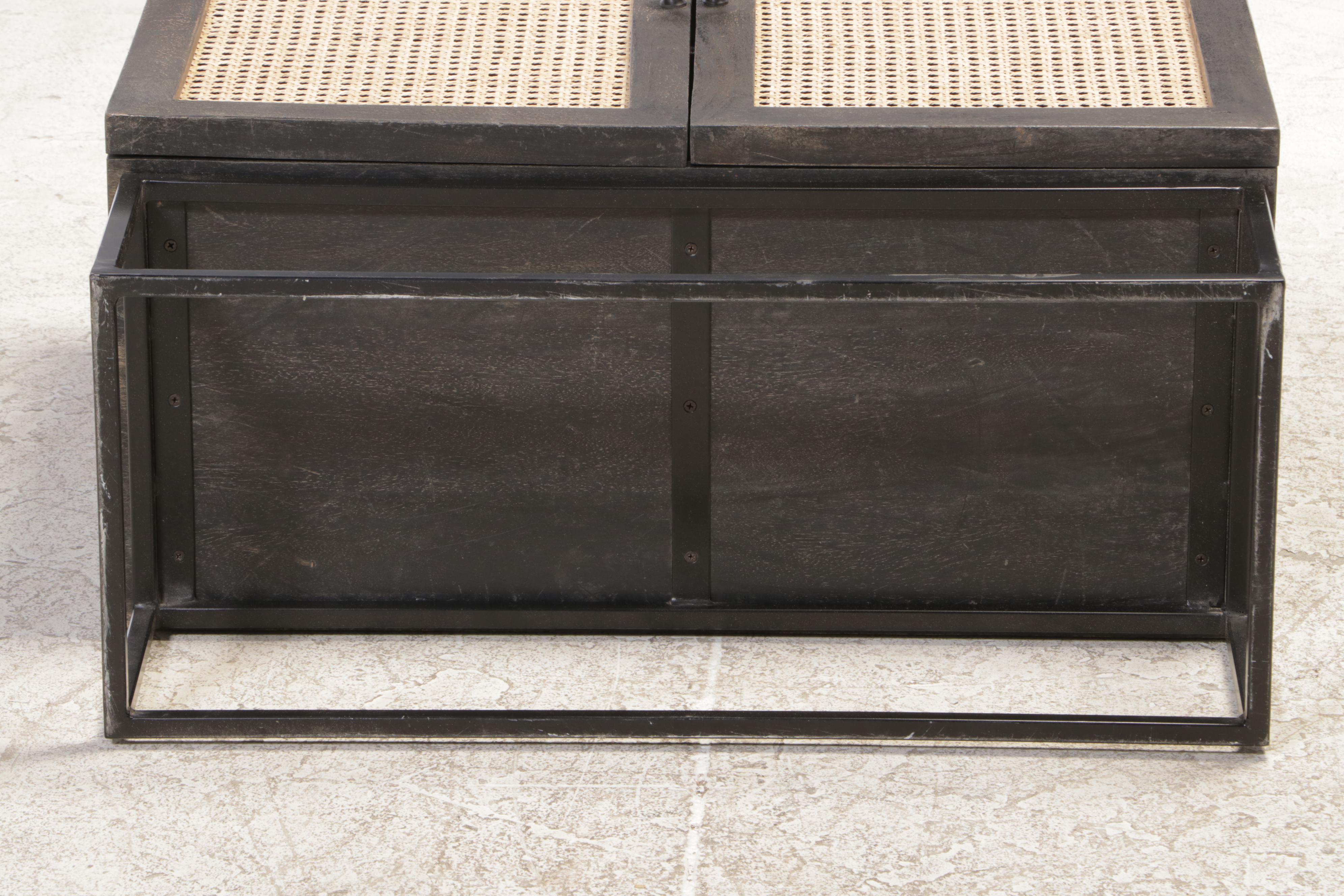 Modern Ebonized Wood, Caned and Metal Cabinet-on-Stand