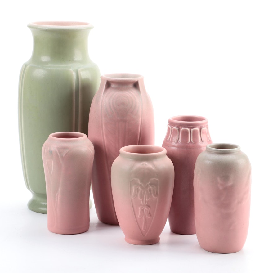 Rookwood Pottery Green and Pink Matte Glaze Vases, Early to Mid 20th Century