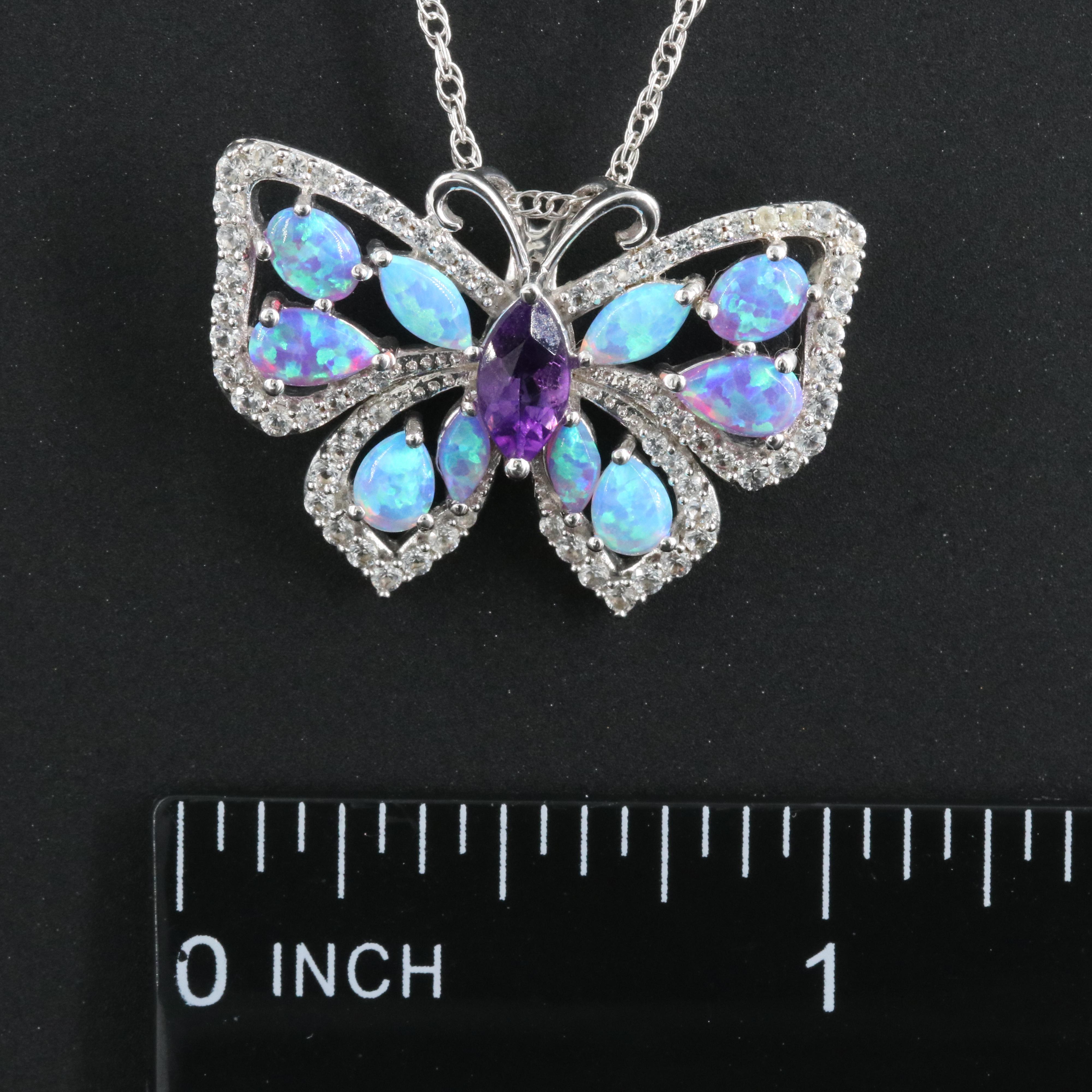 Sterling Amethyst, Opal and Sapphire Butterfly Pendant Necklace