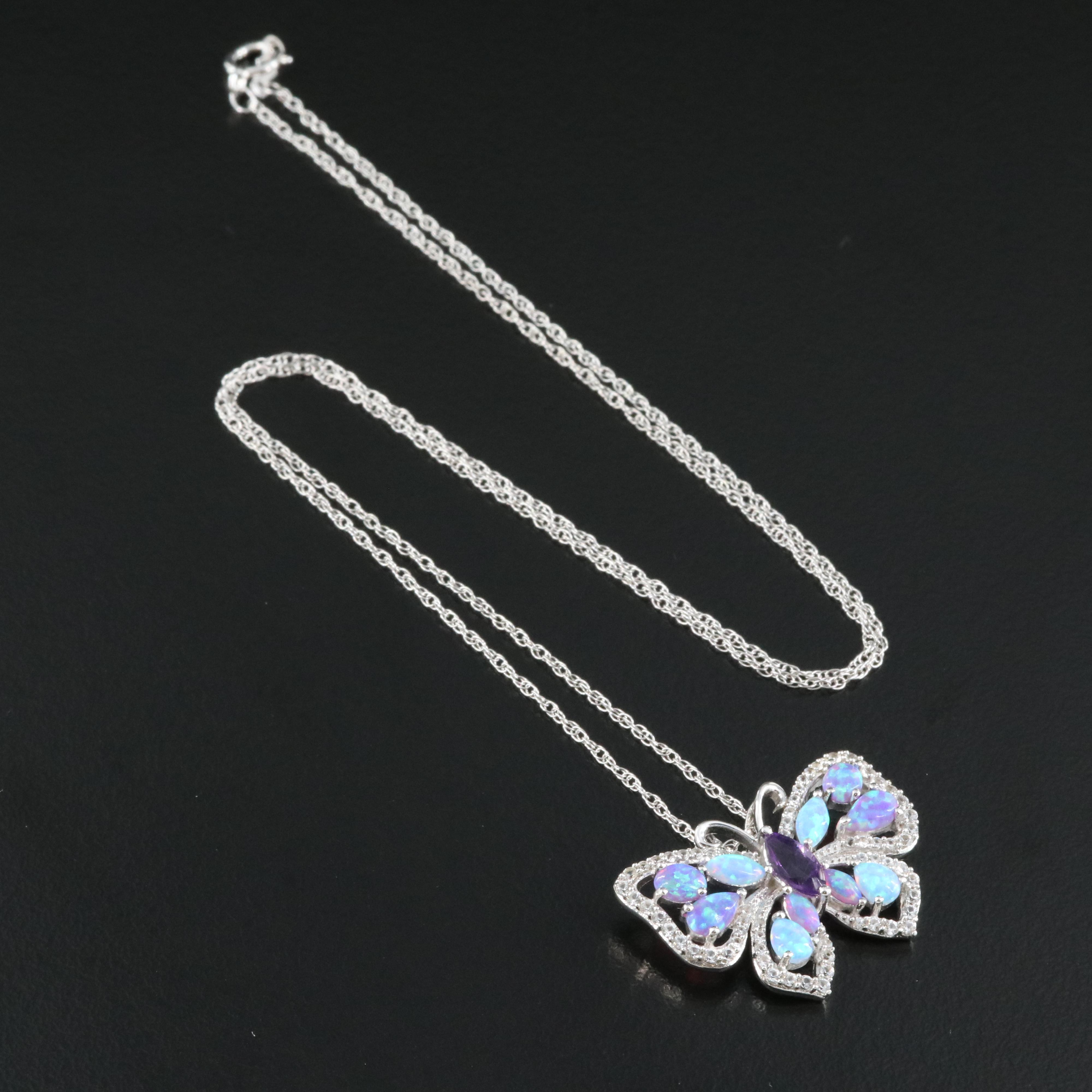 Sterling Amethyst, Opal and Sapphire Butterfly Pendant Necklace