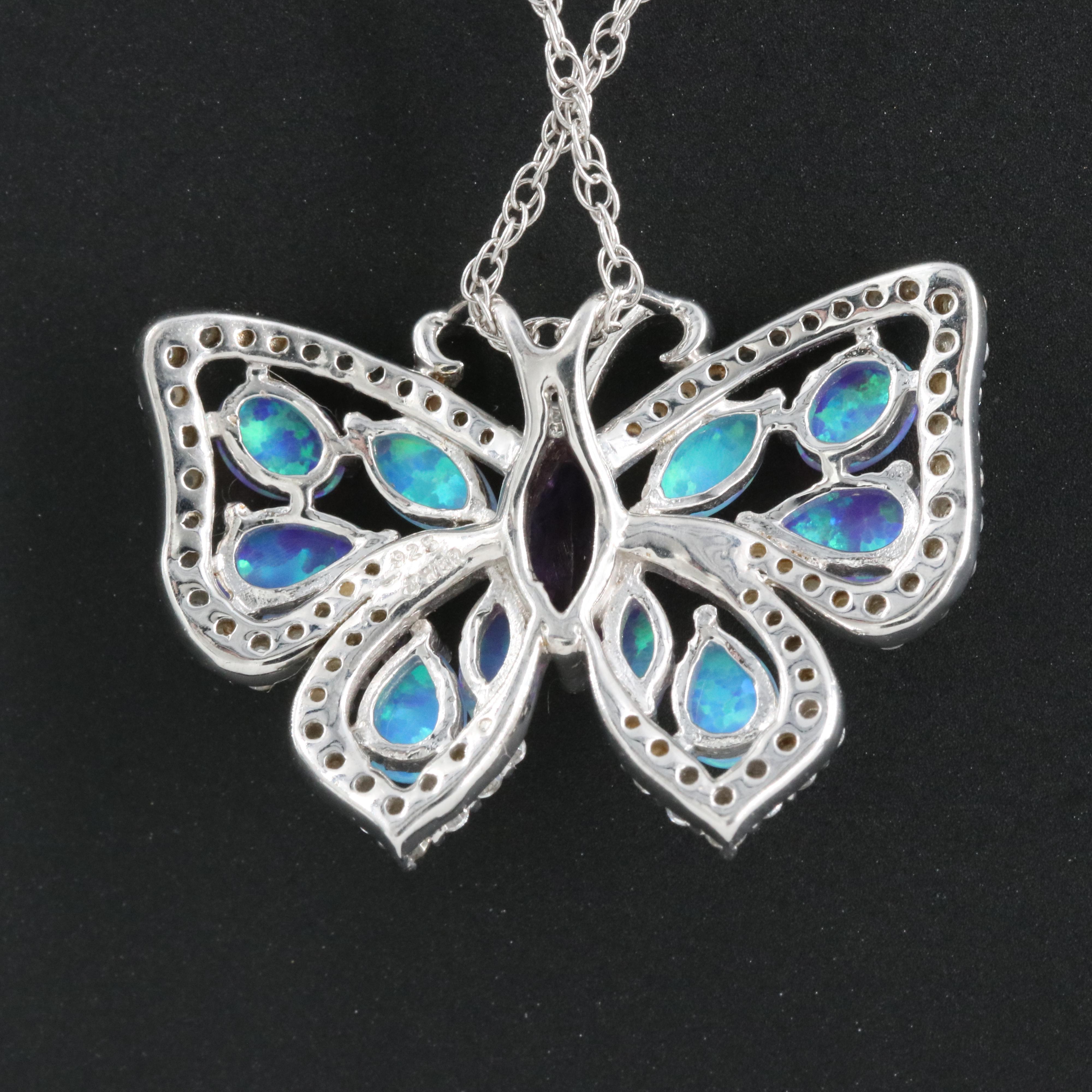 Sterling Amethyst, Opal and Sapphire Butterfly Pendant Necklace