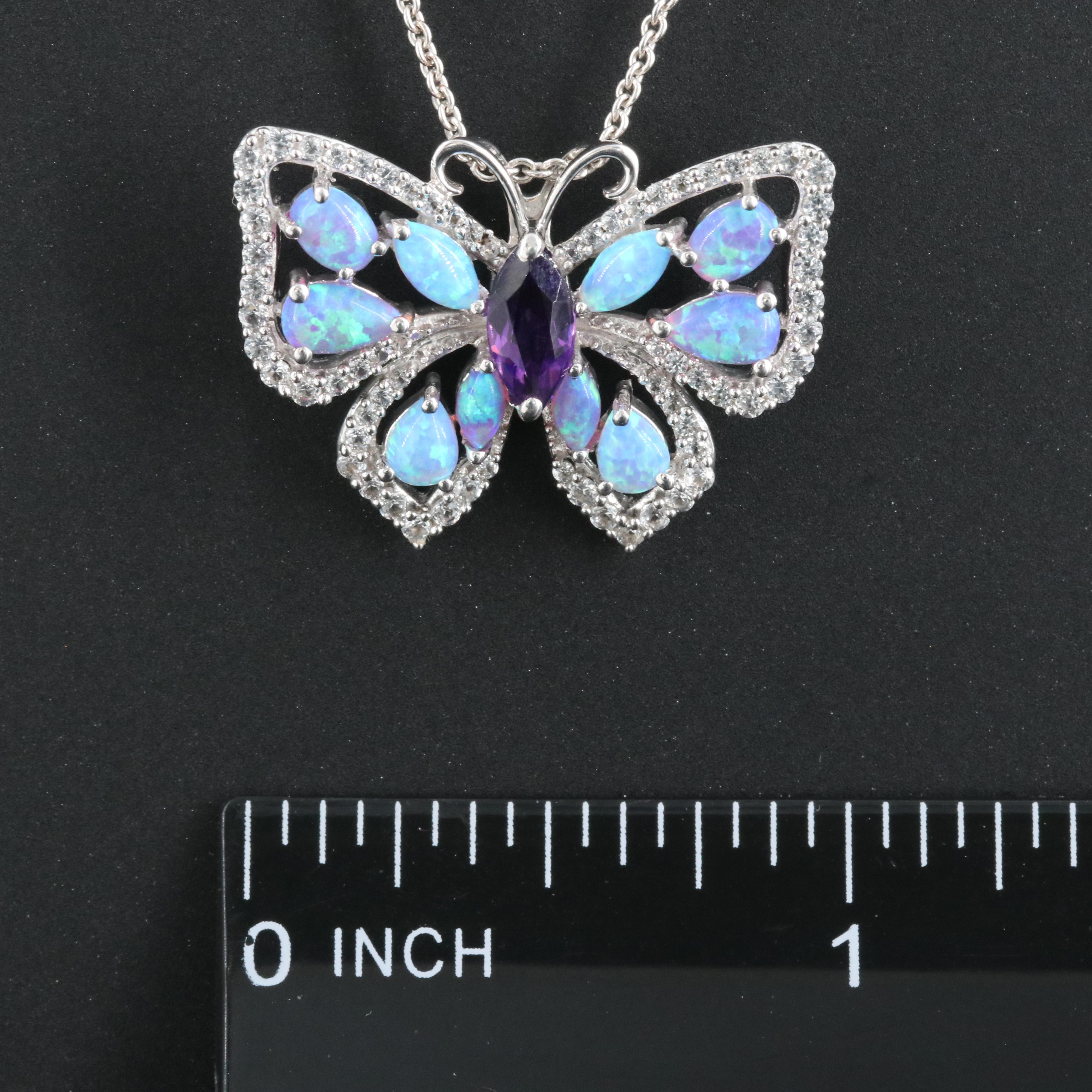 Sterling Amethyst, Opal and Sapphire Butterfly Pendant Necklace