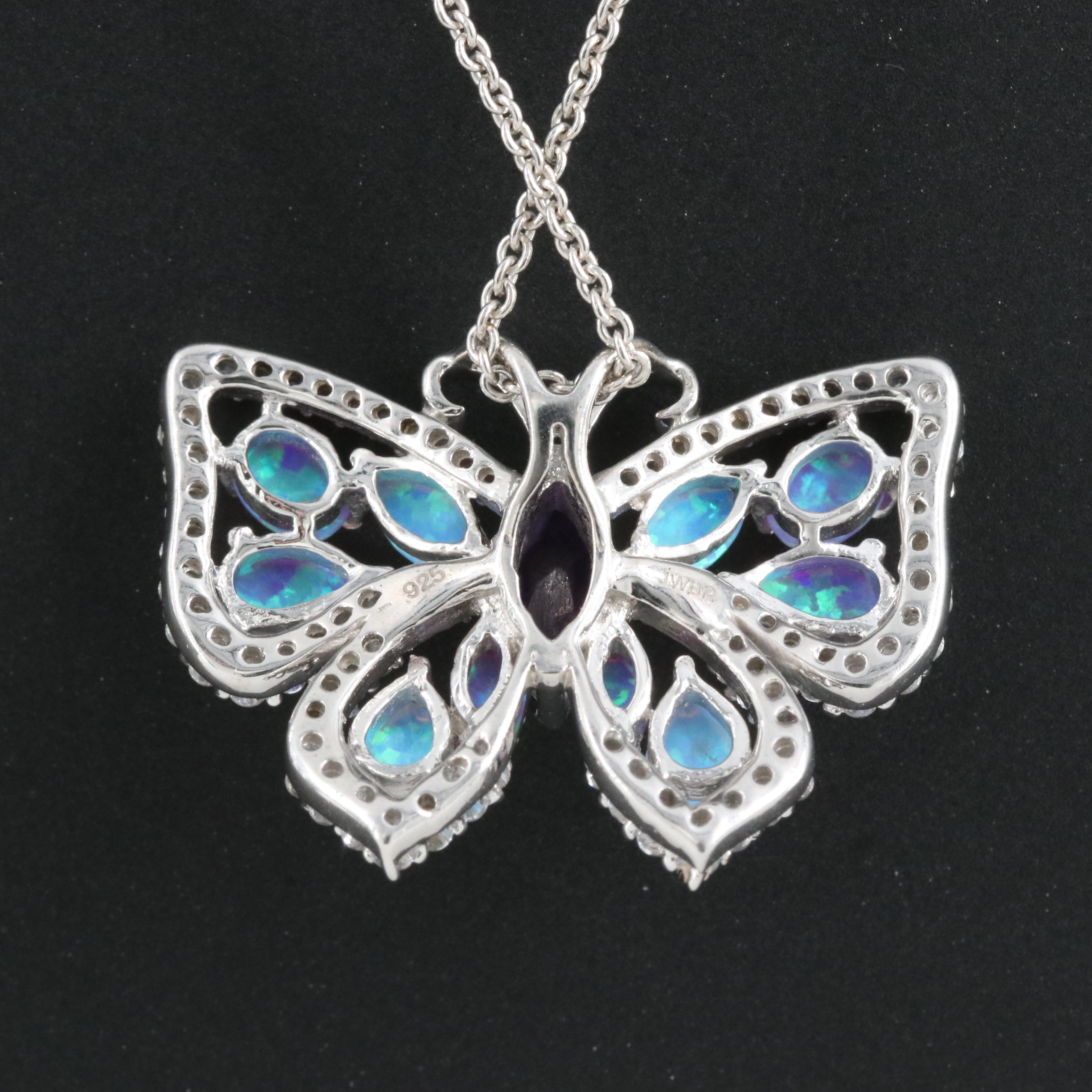 Sterling Amethyst, Opal and Sapphire Butterfly Pendant Necklace