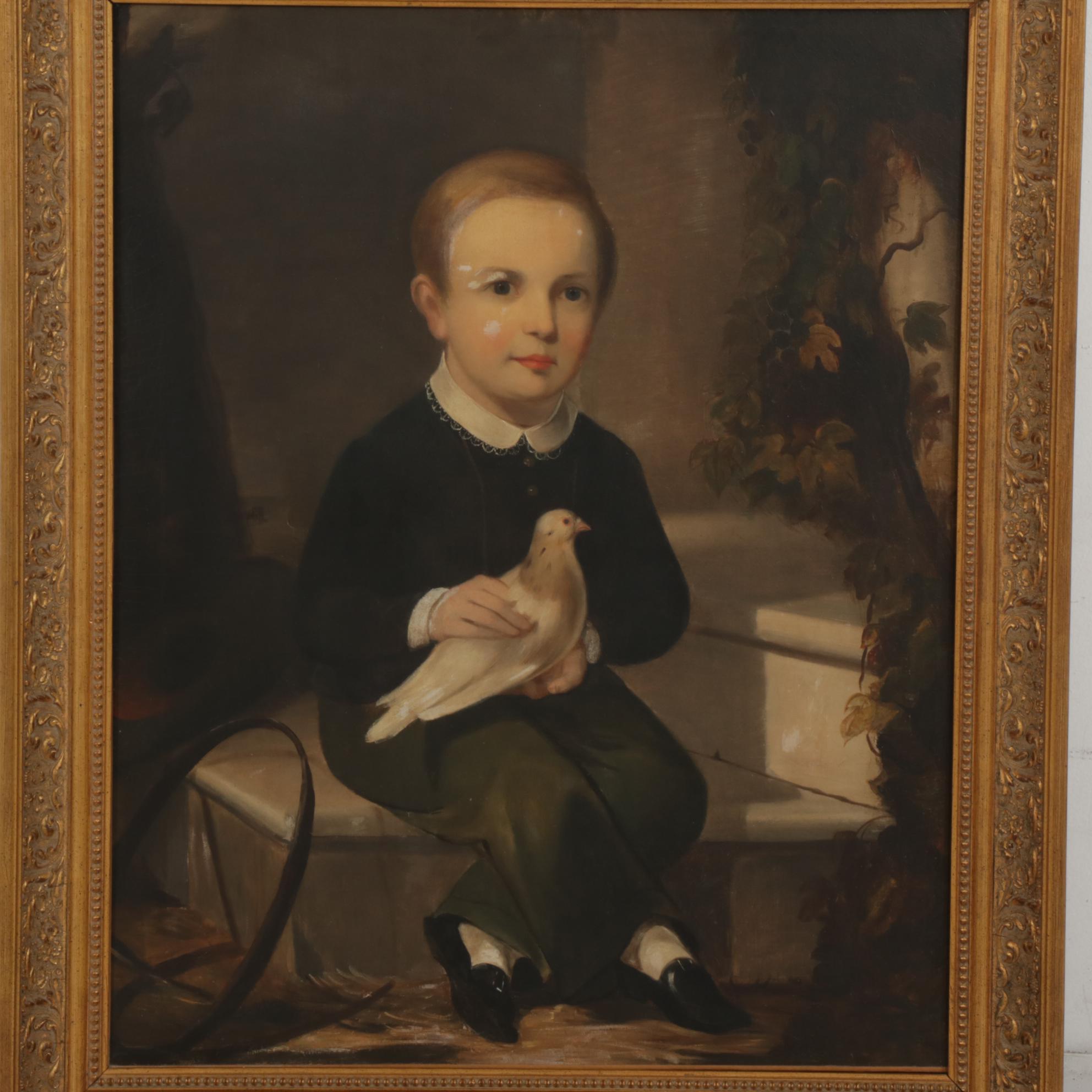 Portrait Oil Painting of Young Boy Holding Pigeon, Circa 1900