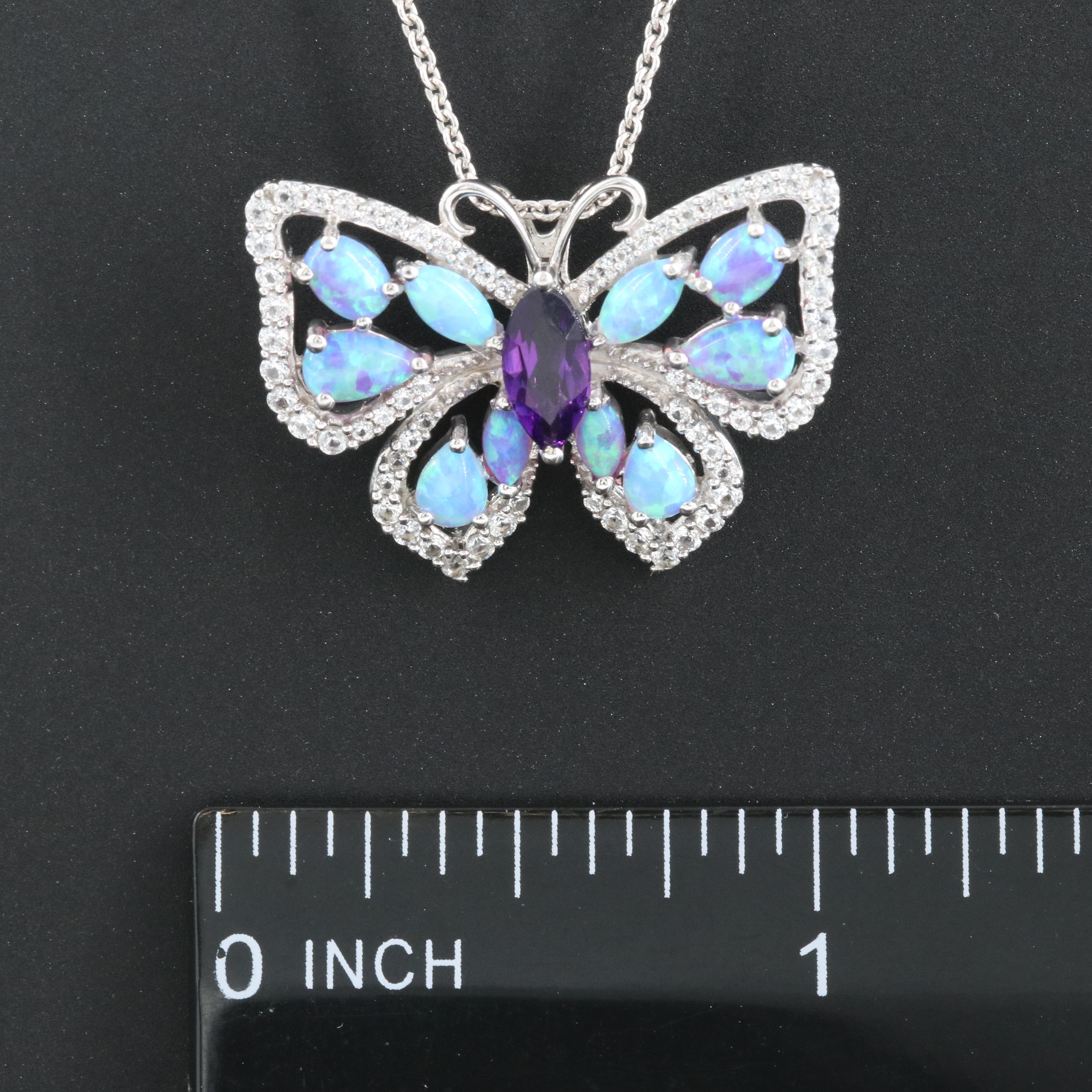 Sterling Amethyst, Opal and Sapphire Butterfly Pendant Necklace