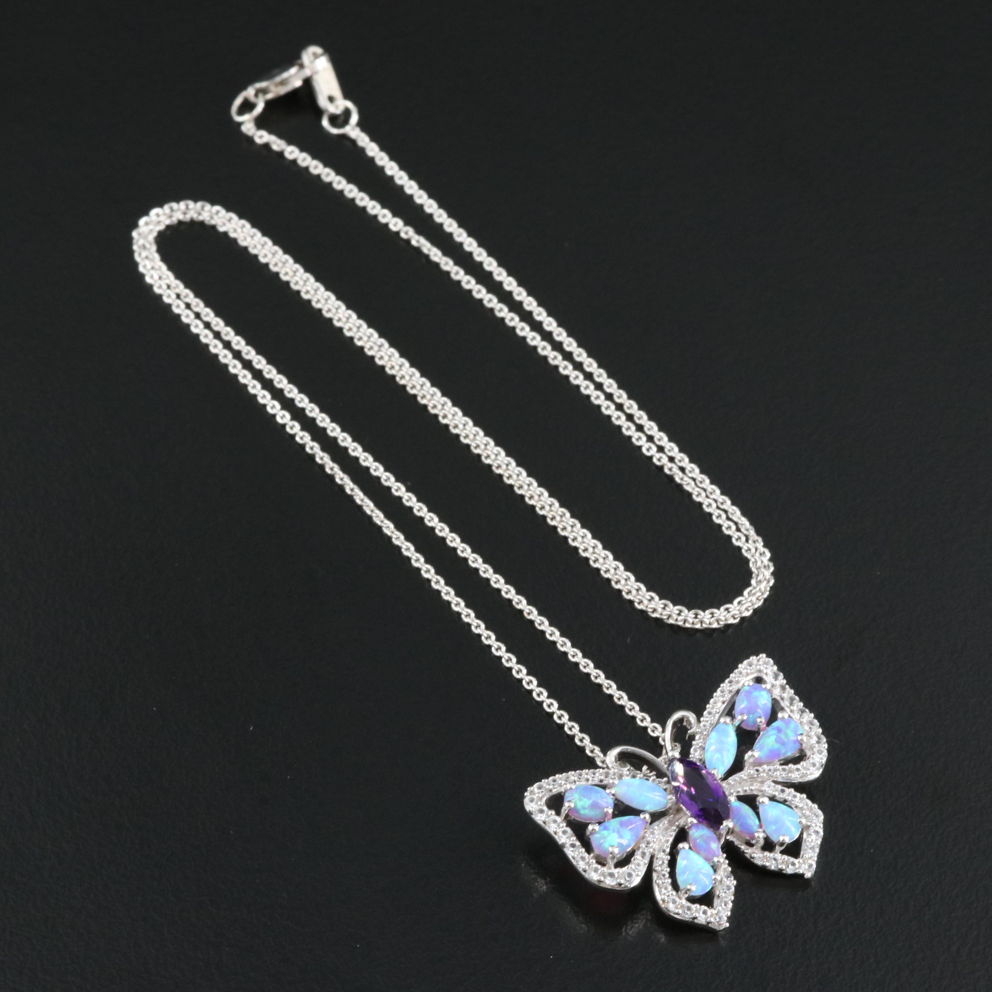 Sterling Amethyst, Opal and Sapphire Butterfly Pendant Necklace