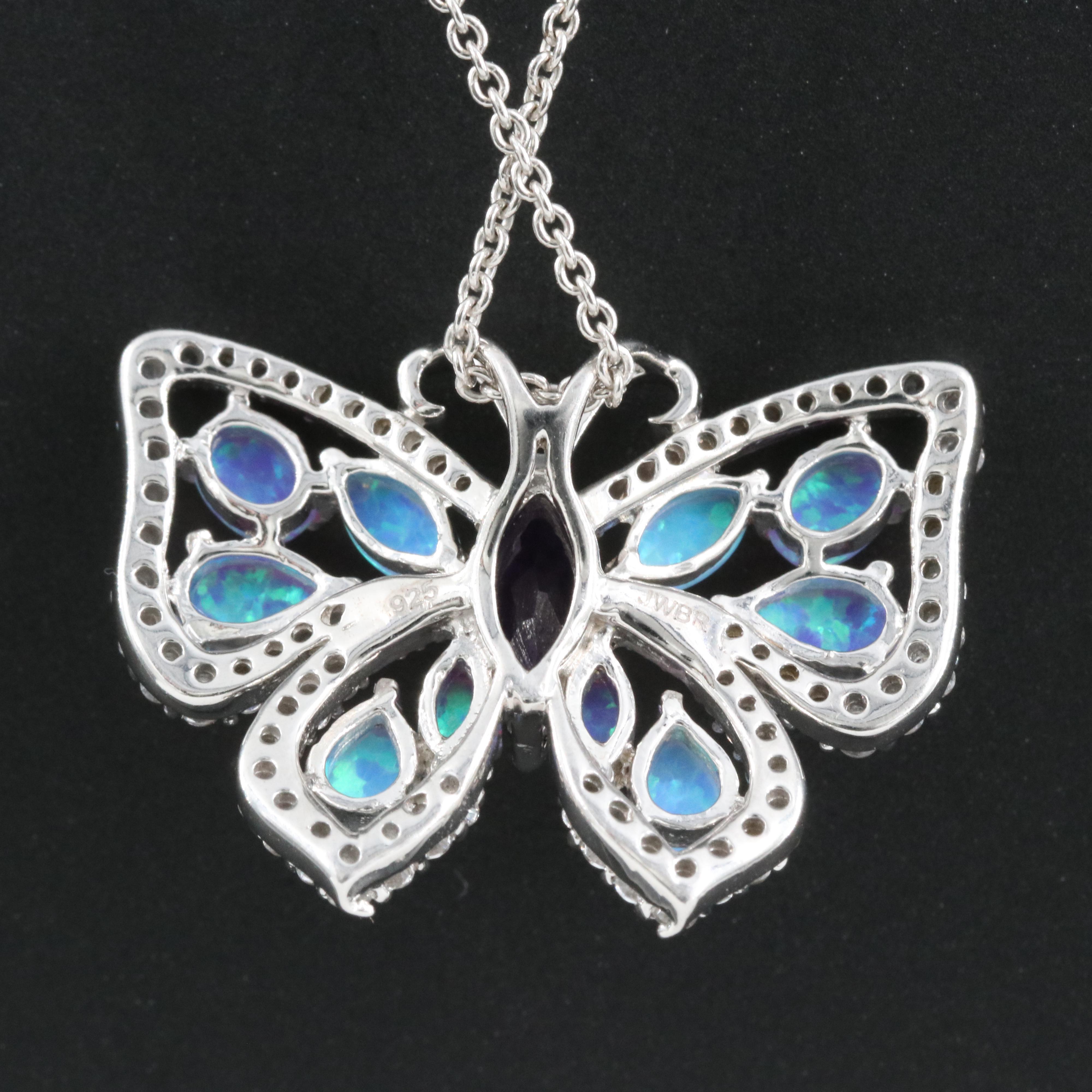 Sterling Amethyst, Opal and Sapphire Butterfly Pendant Necklace