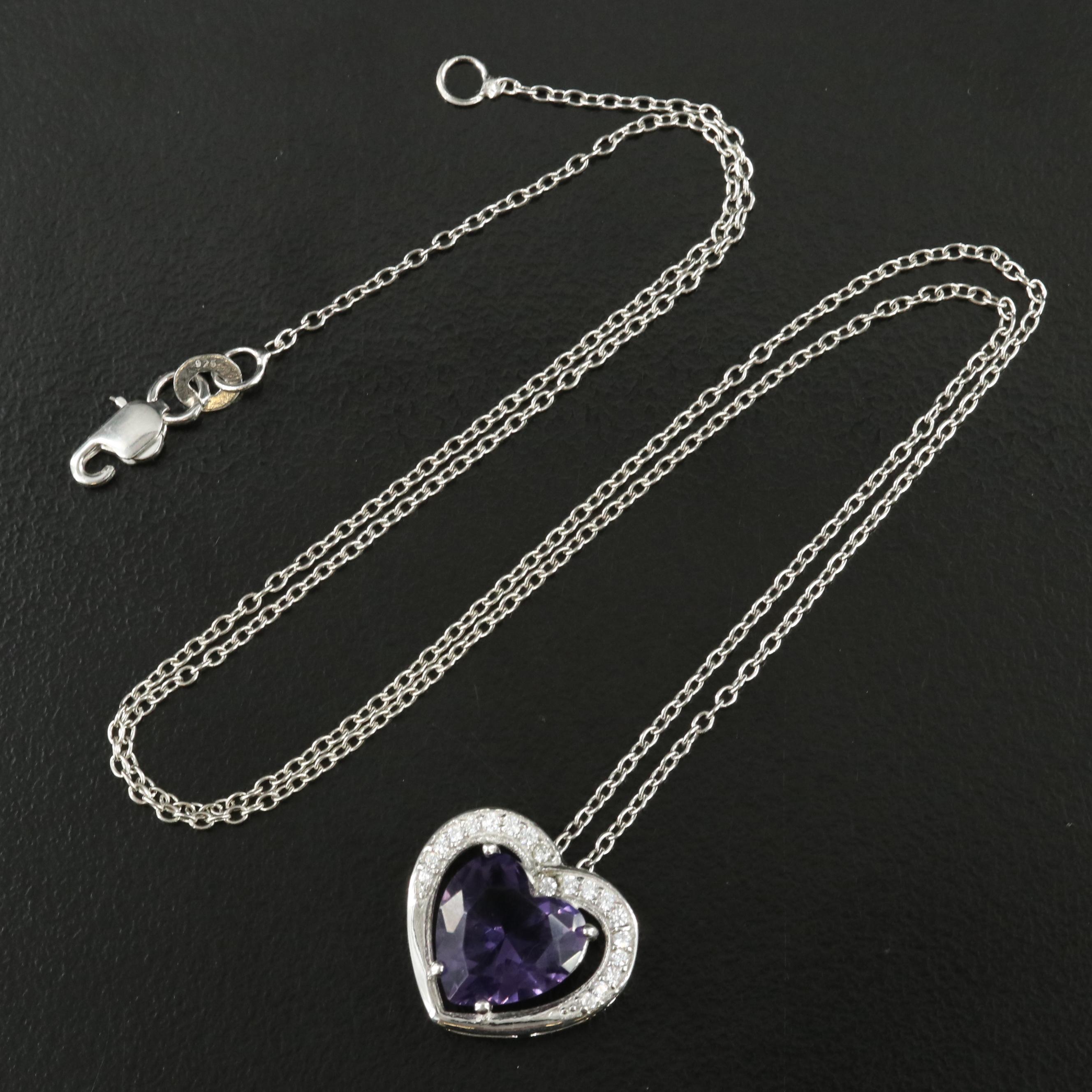 Sterling Cubic Zirconia and Glass Heart Pendant Necklace