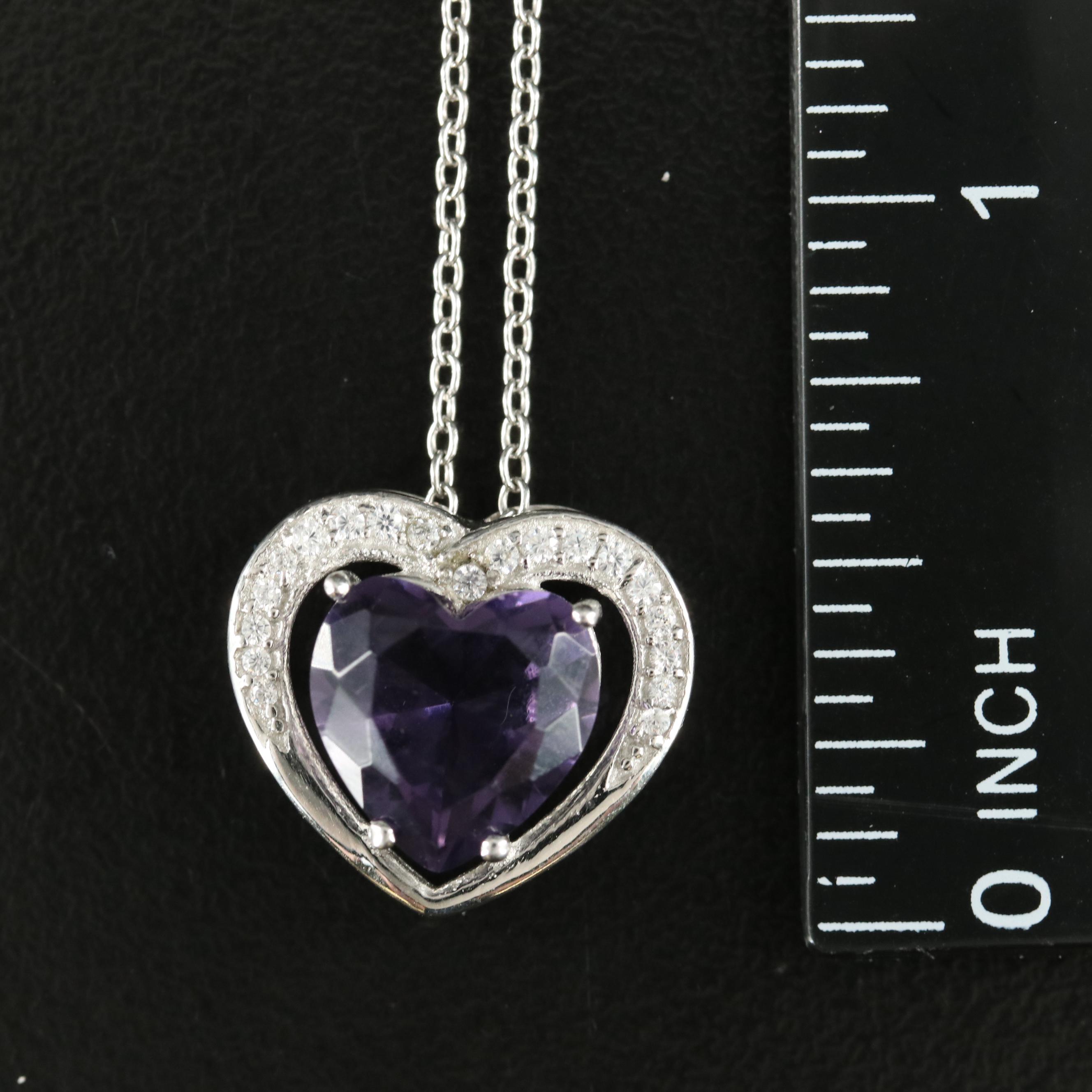Sterling Cubic Zirconia and Glass Heart Pendant Necklace
