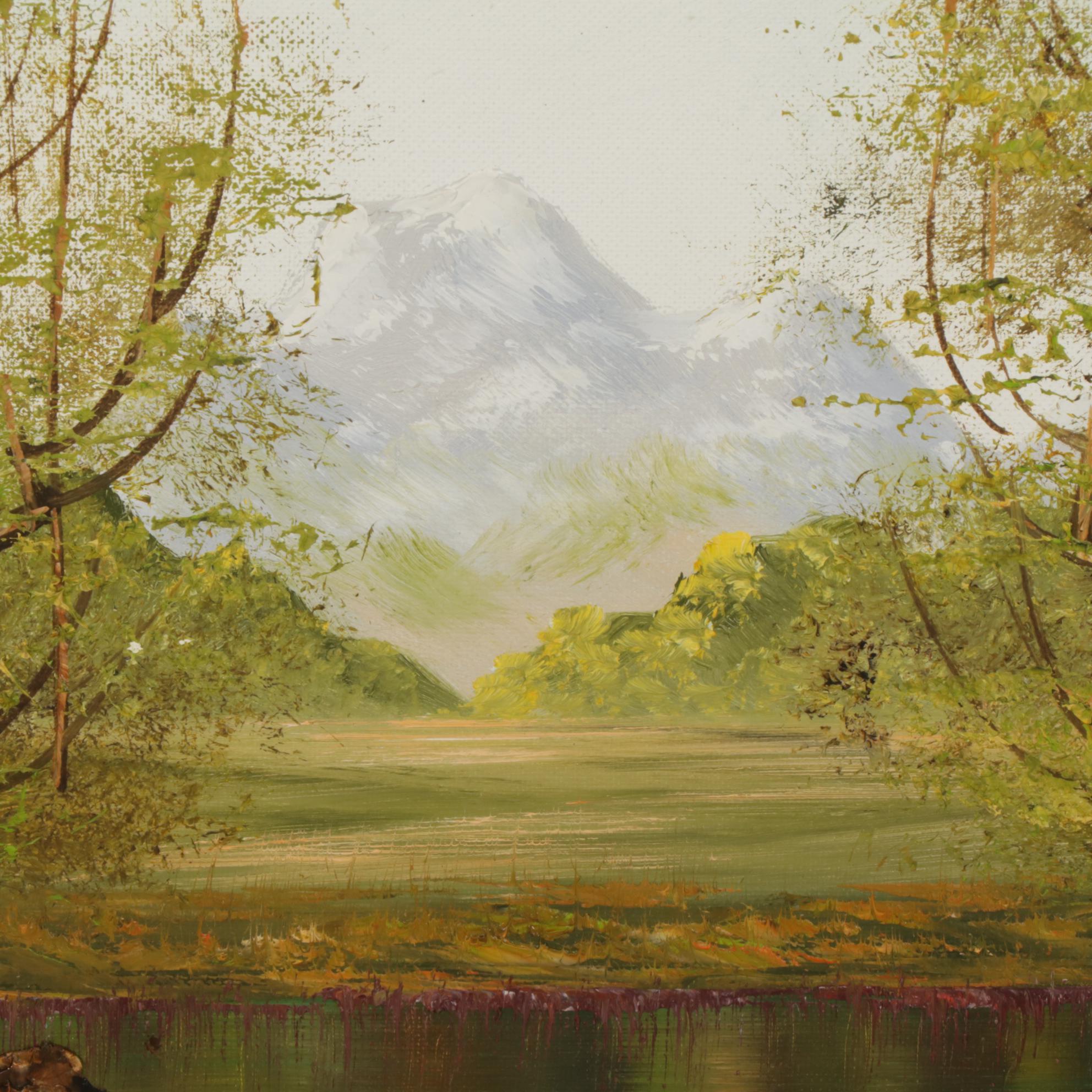 C. A. Pliego Forest Pond Landscape Oil Painting, Late 20th Century