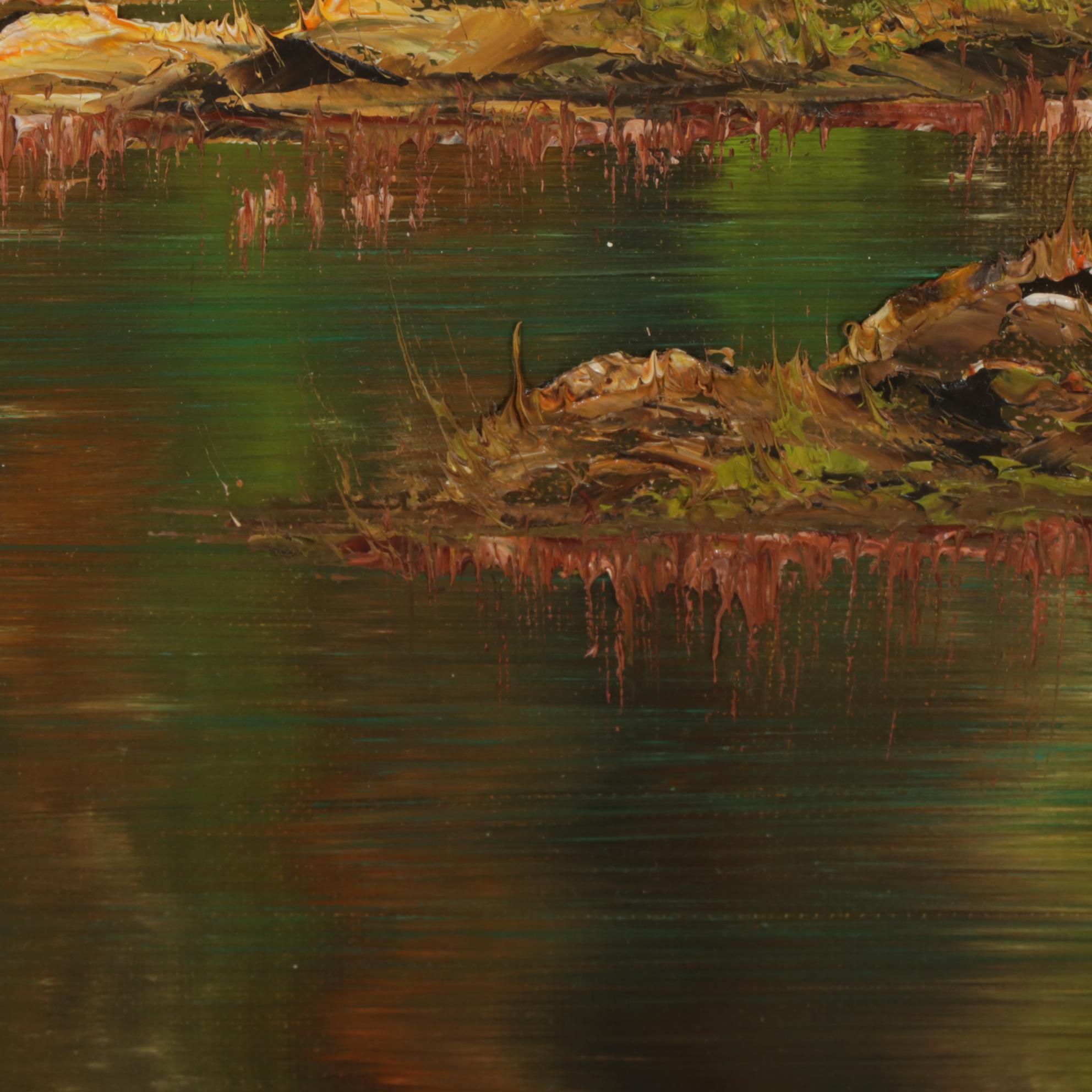 C. A. Pliego Forest Pond Landscape Oil Painting, Late 20th Century