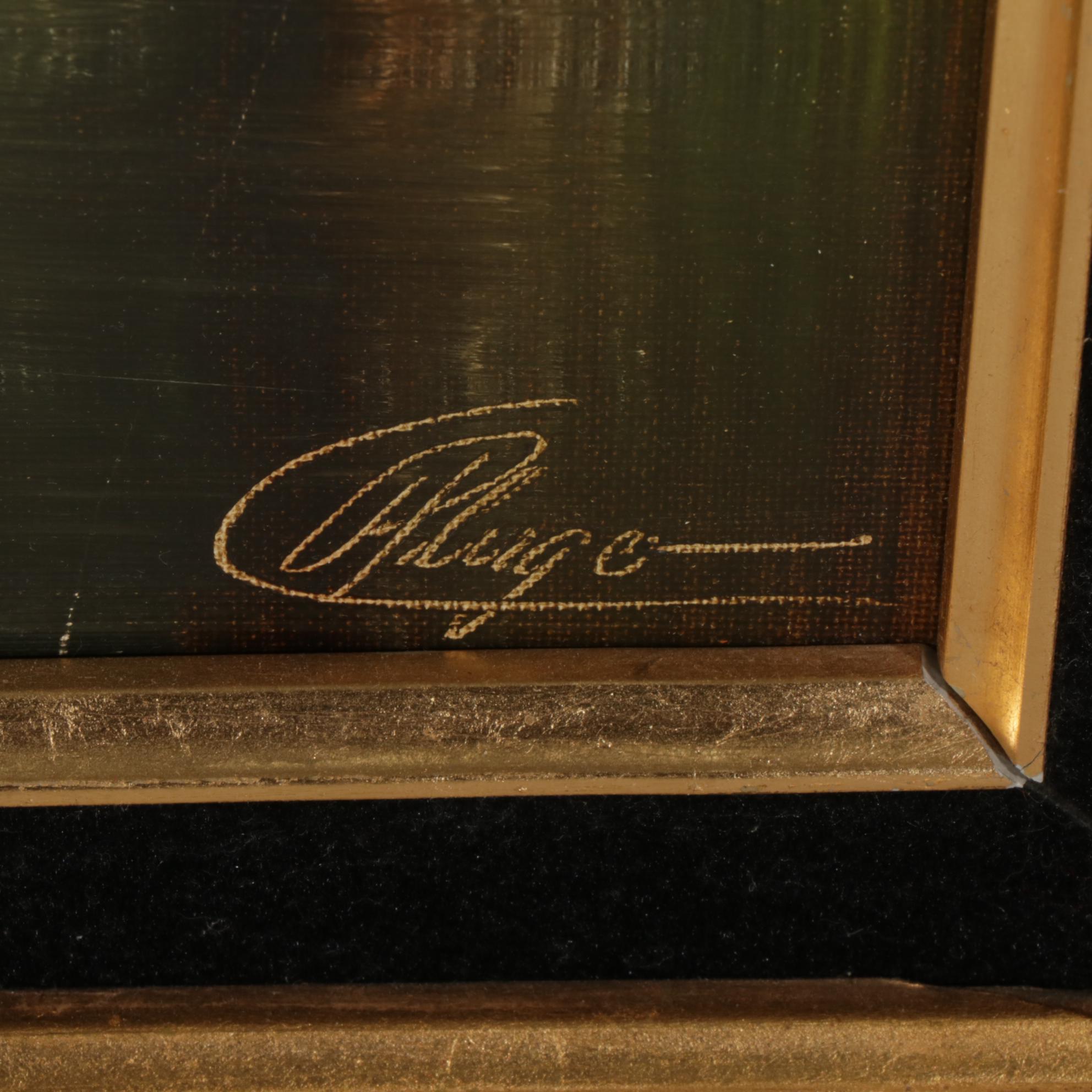 C. A. Pliego Forest Pond Landscape Oil Painting, Late 20th Century