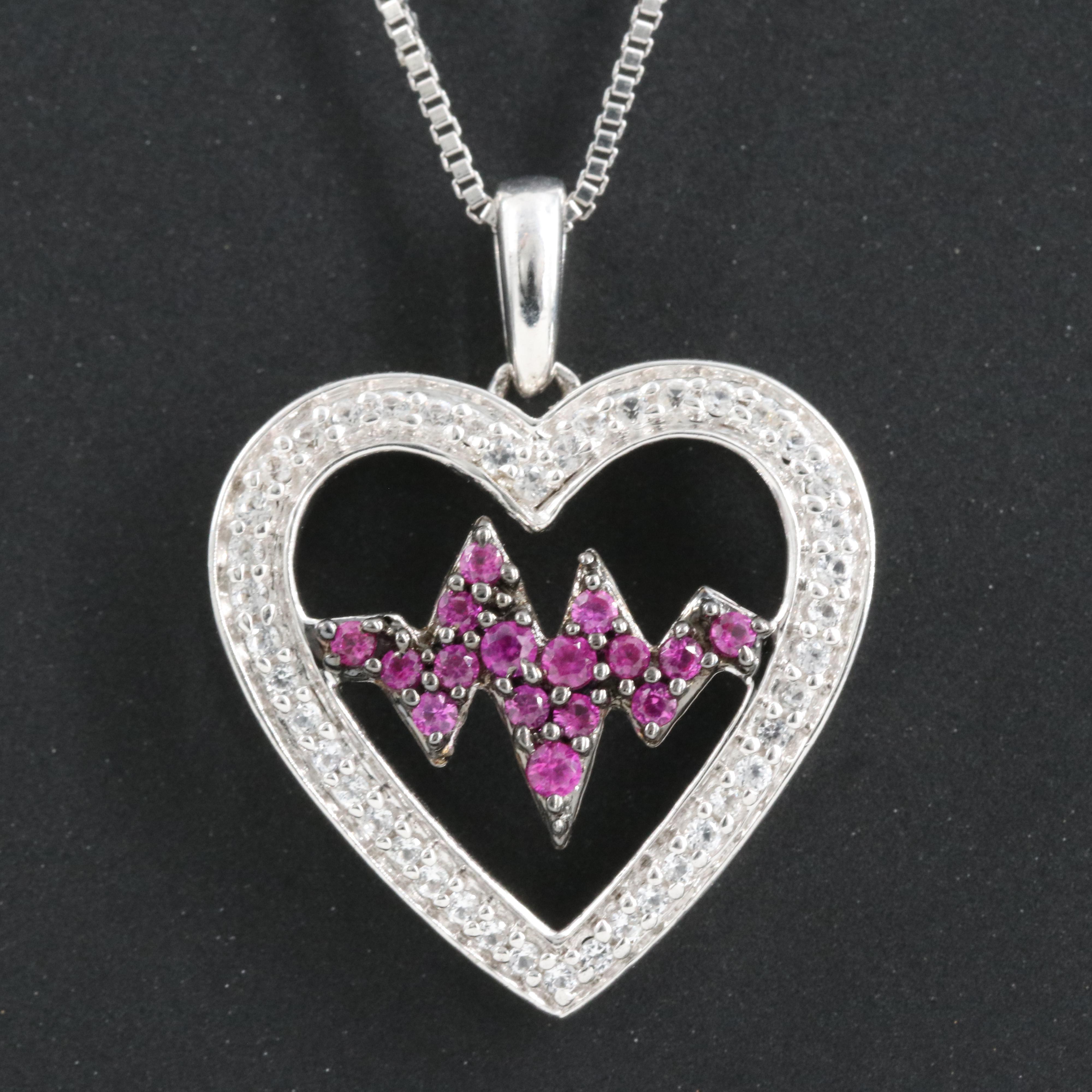 Sterling Ruby and Sapphire Heartbeat Pendant Necklace