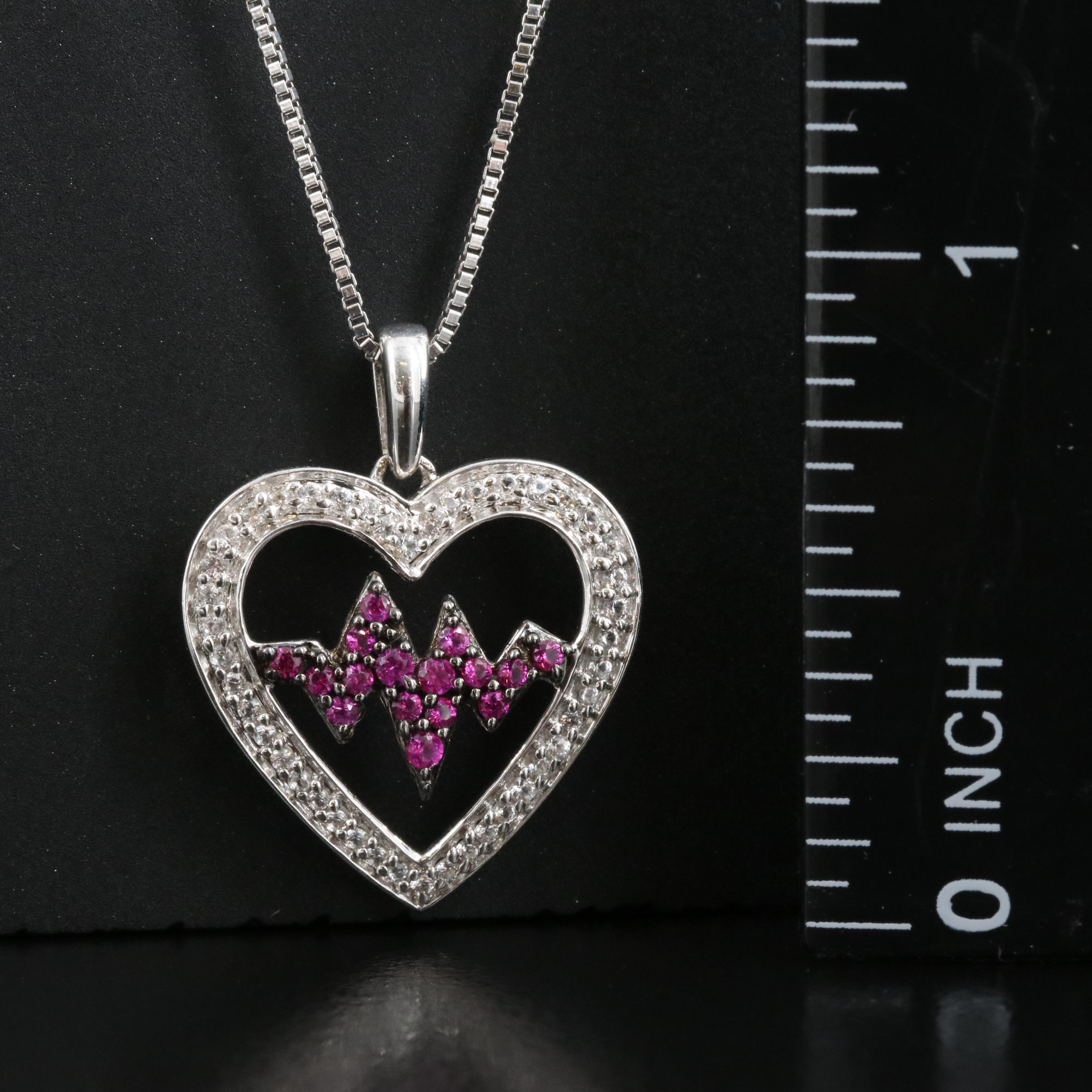 Sterling Ruby and Sapphire Heartbeat Pendant Necklace