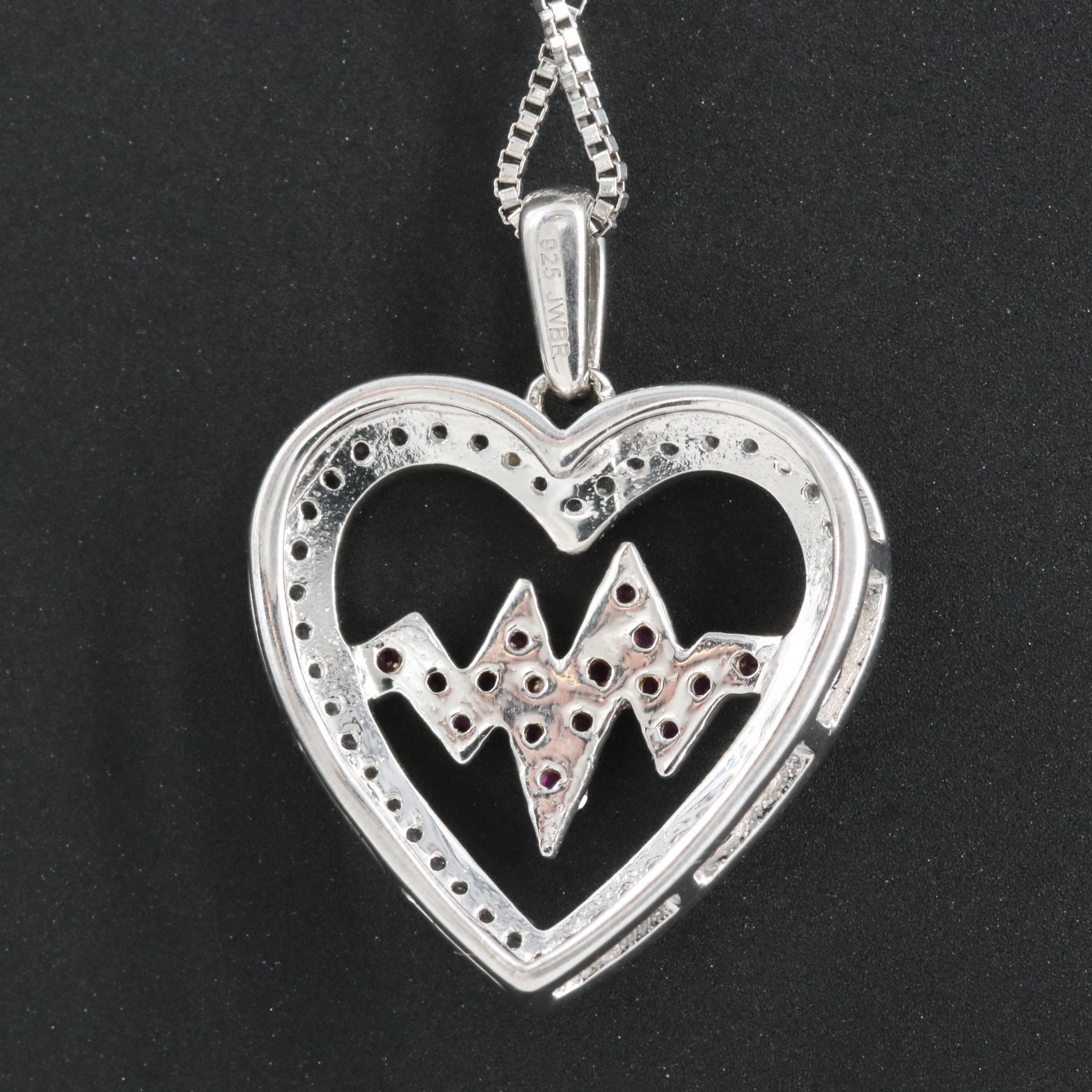 Sterling Ruby and Sapphire Heartbeat Pendant Necklace