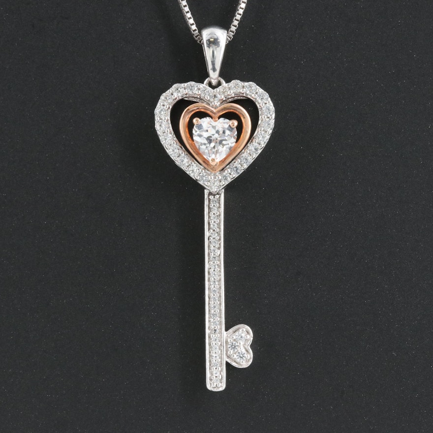 Sterling Sapphire Key Pendant Necklace with 10K Rose Gold Accents