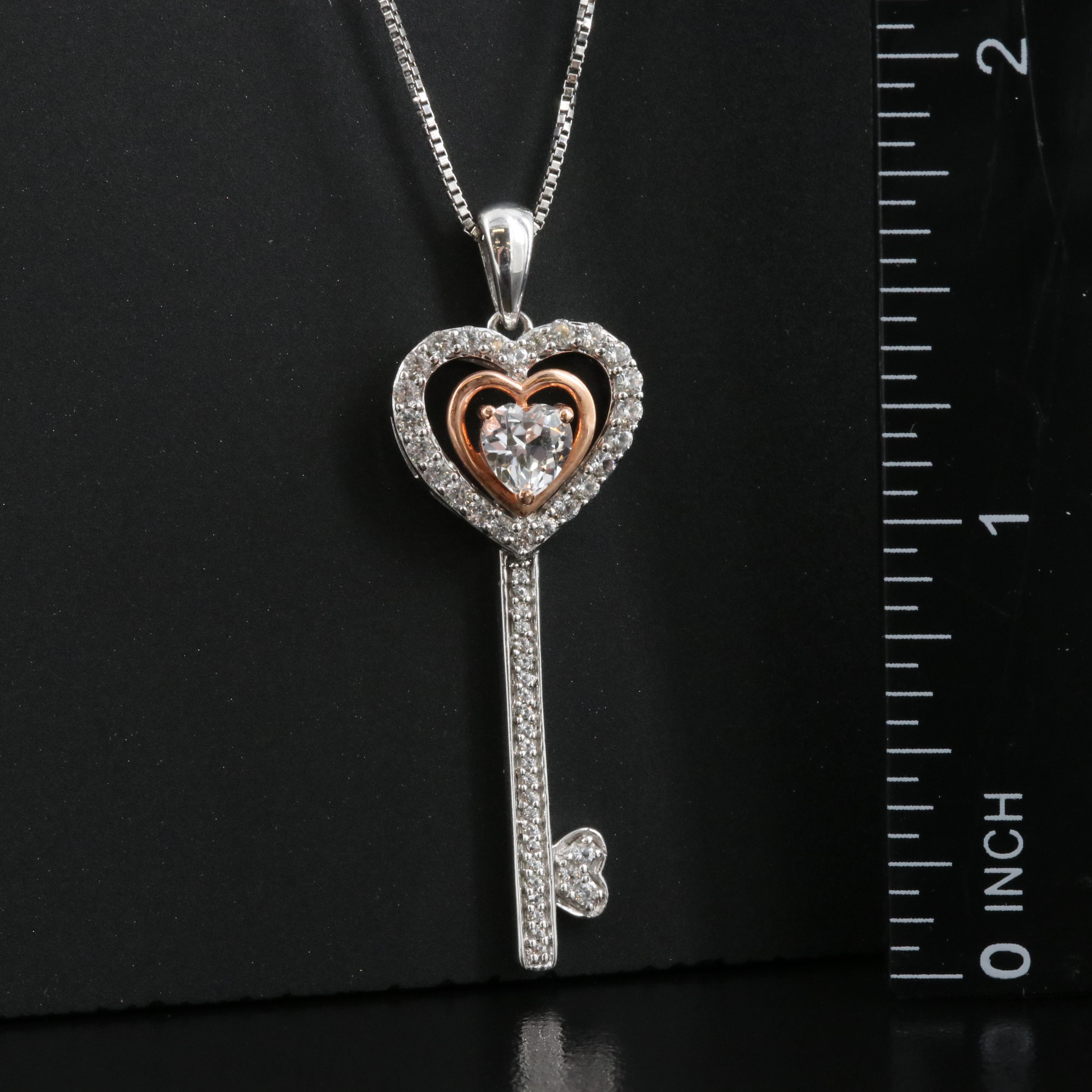 Sterling Sapphire Key Pendant Necklace with 10K Rose Gold Accents