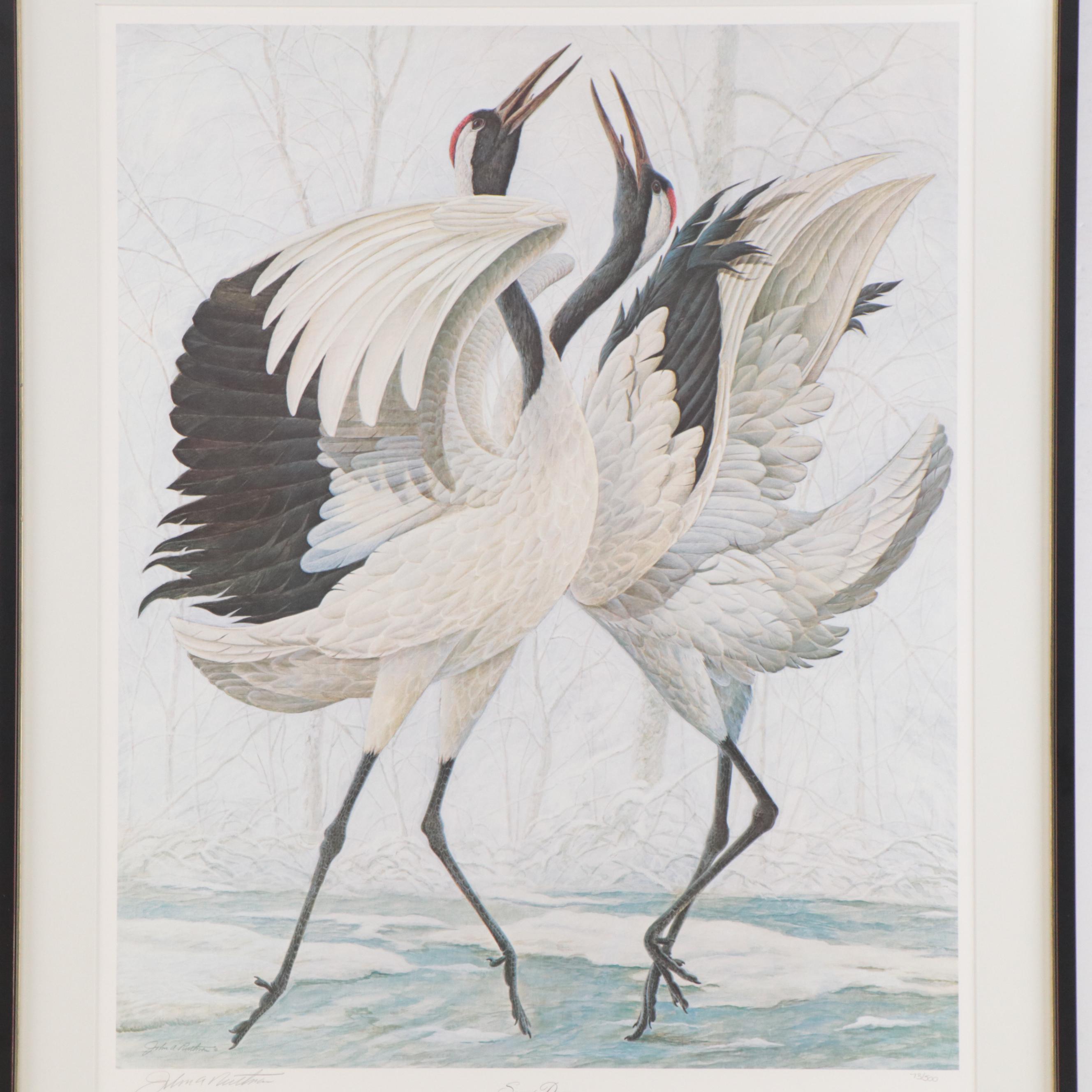 John A. Ruthven Offset Lithograph "Snow Dance: Red-Crowned Cranes"