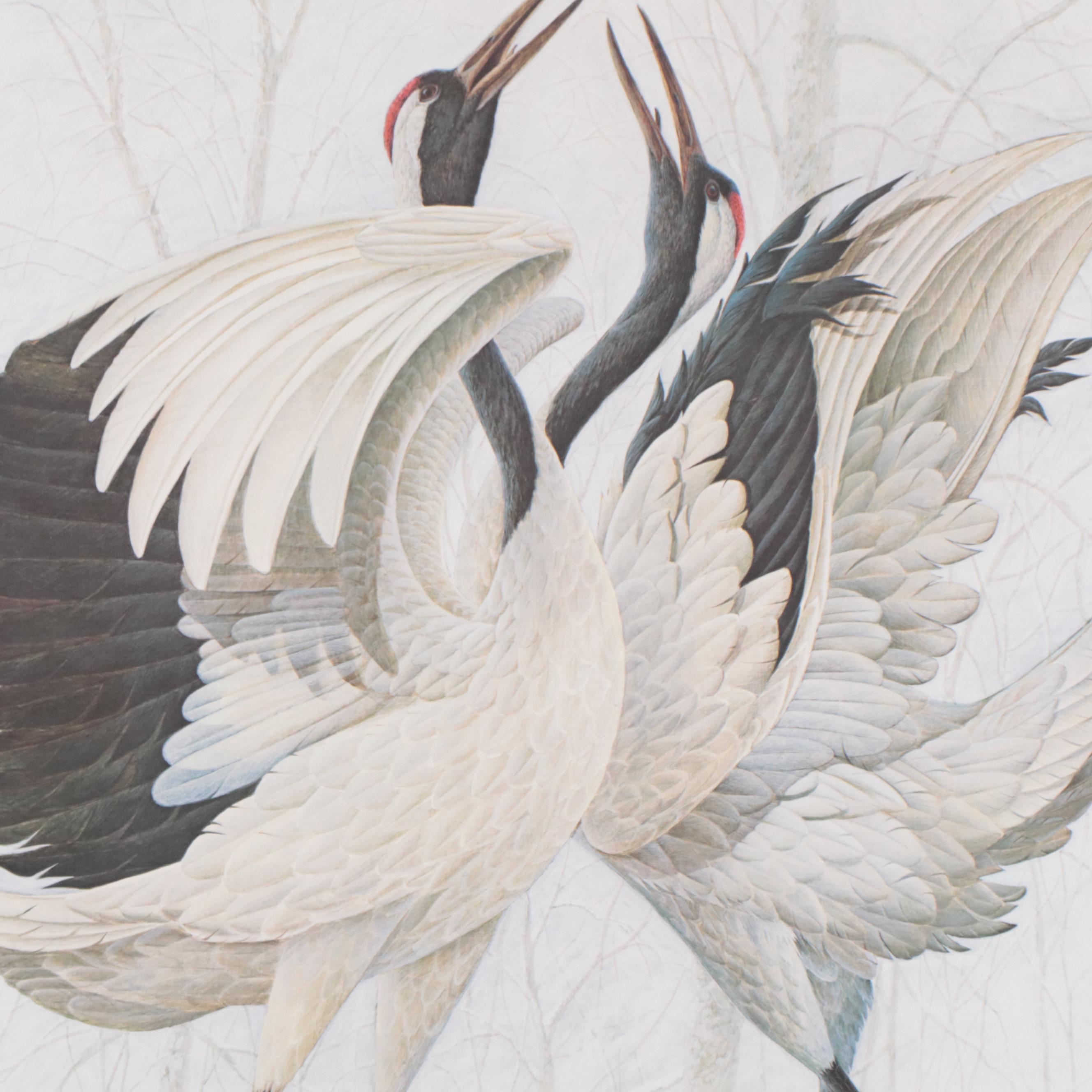 John A. Ruthven Offset Lithograph "Snow Dance: Red-Crowned Cranes"