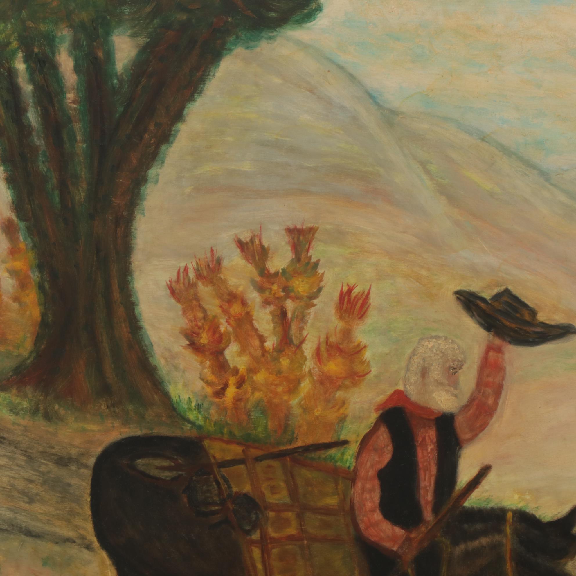 Folk Art Double-Sided Oil Painting of Landscape and African Grey Crowned Crane