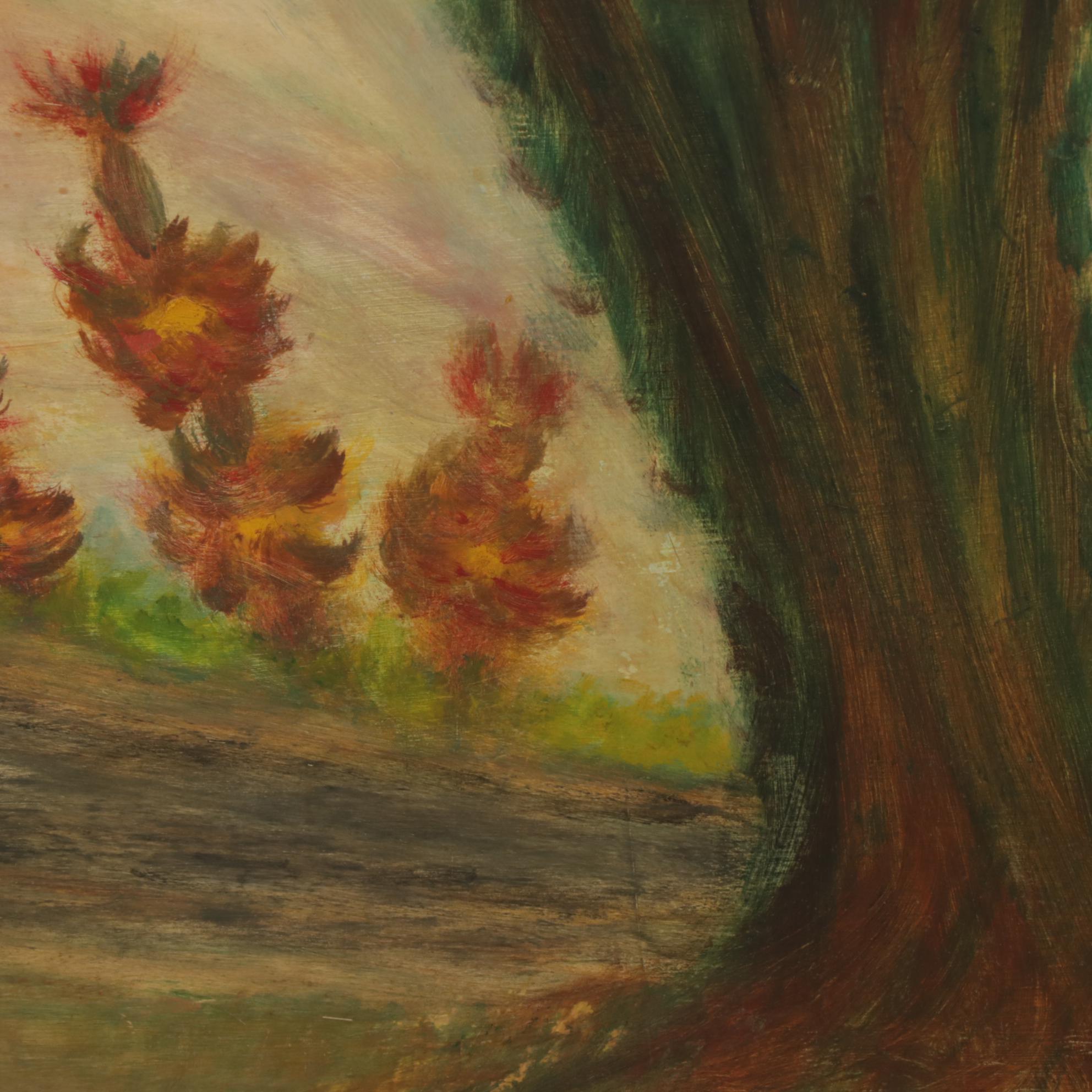 Folk Art Double-Sided Oil Painting of Landscape and African Grey Crowned Crane