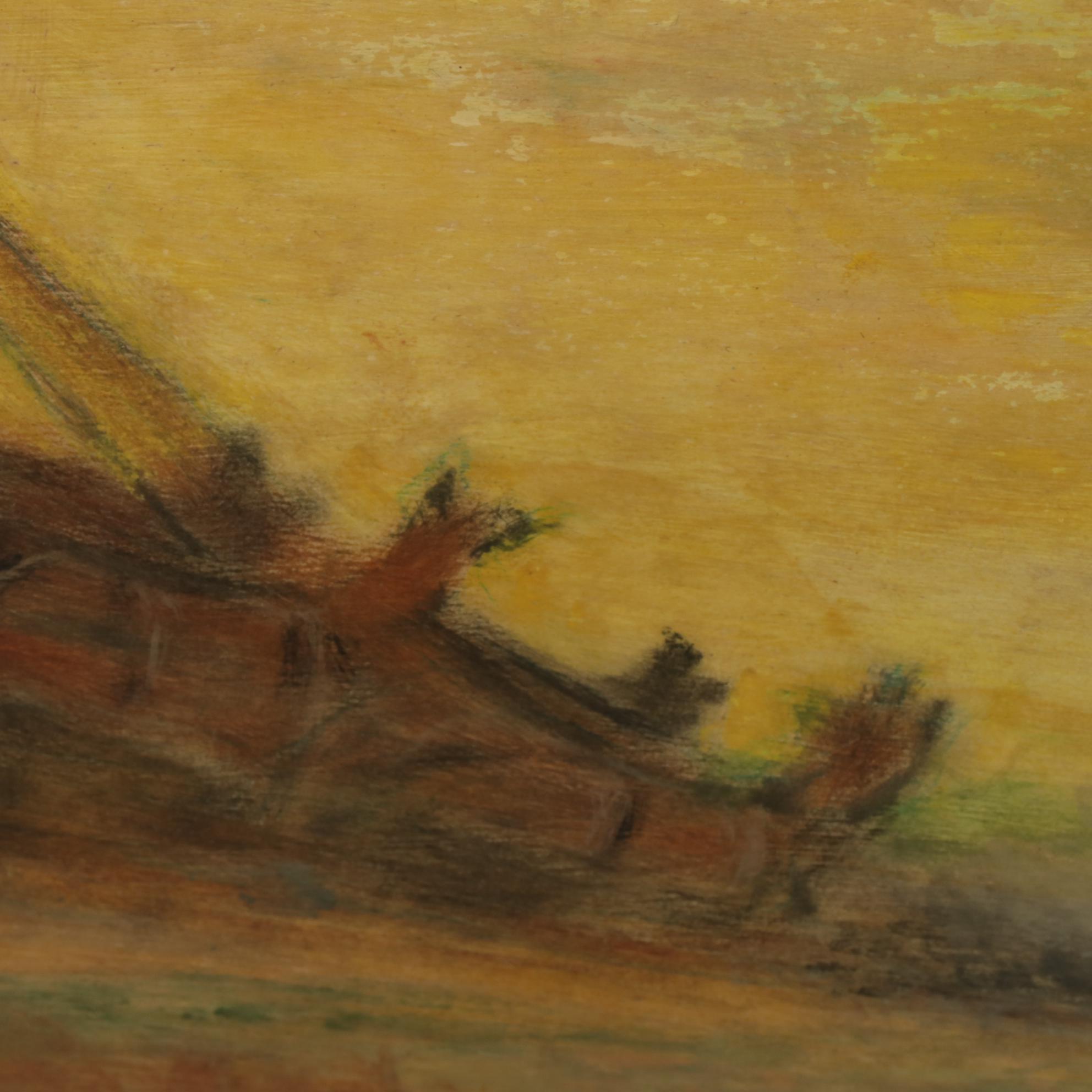 Folk Art Double-Sided Oil Painting of Landscape and African Grey Crowned Crane