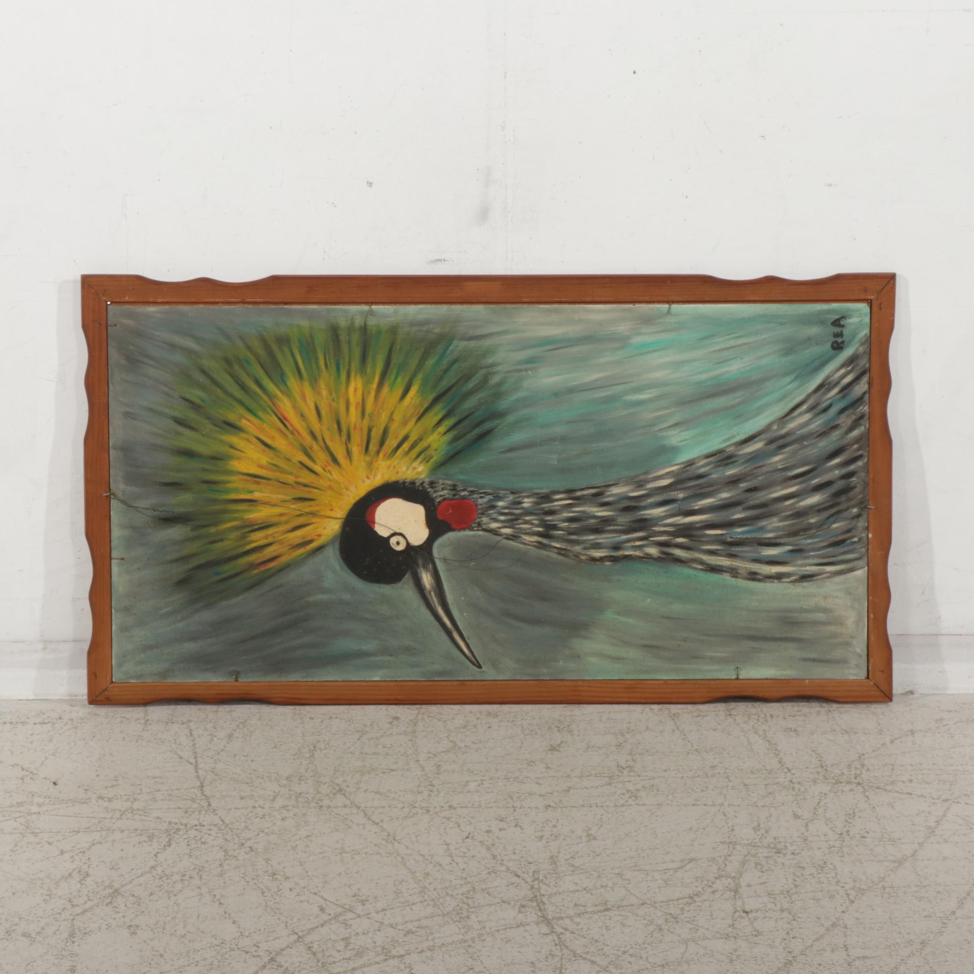 Folk Art Double-Sided Oil Painting of Landscape and African Grey Crowned Crane