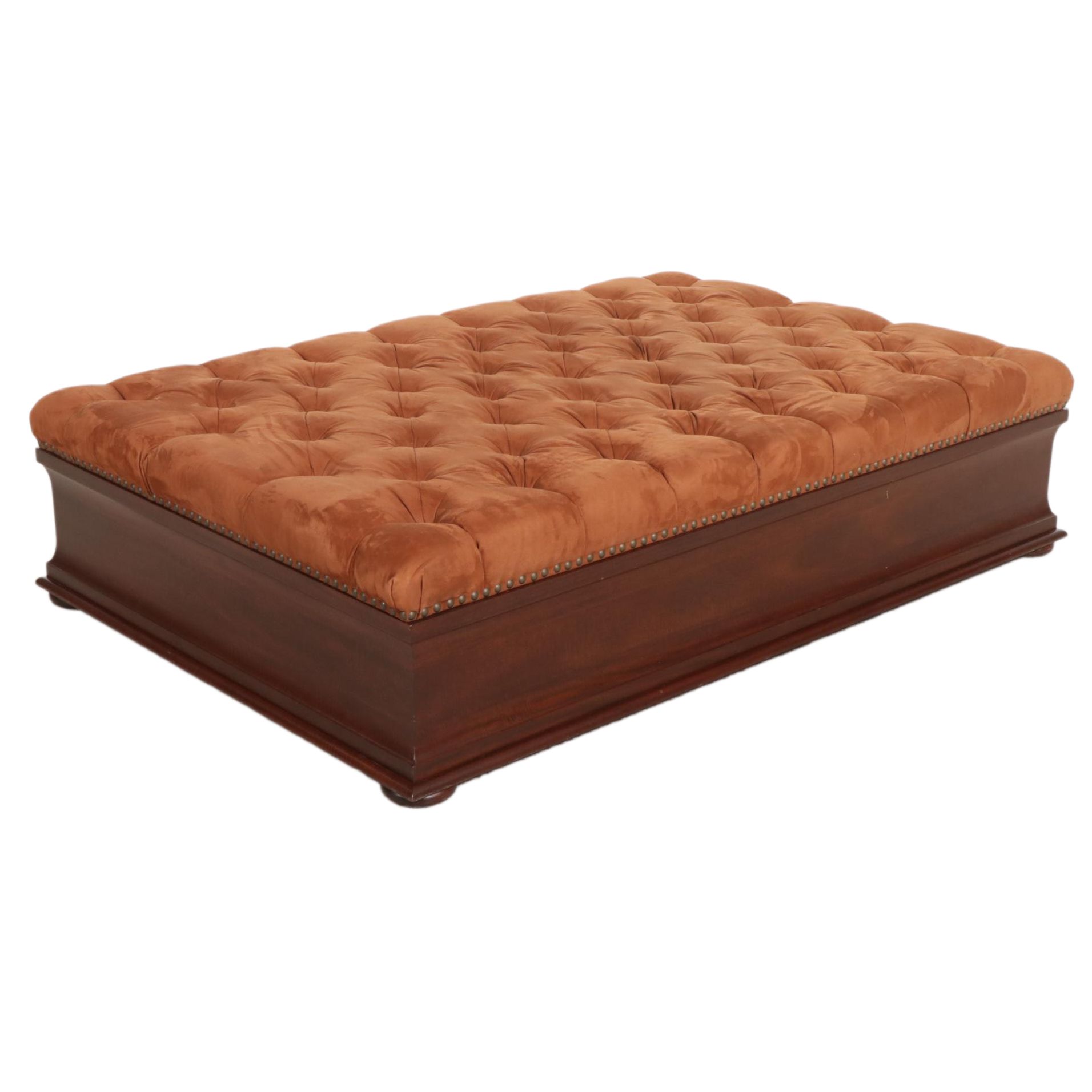 Contemporary Buttoned-Down Suede and Ogee Frame Ottoman