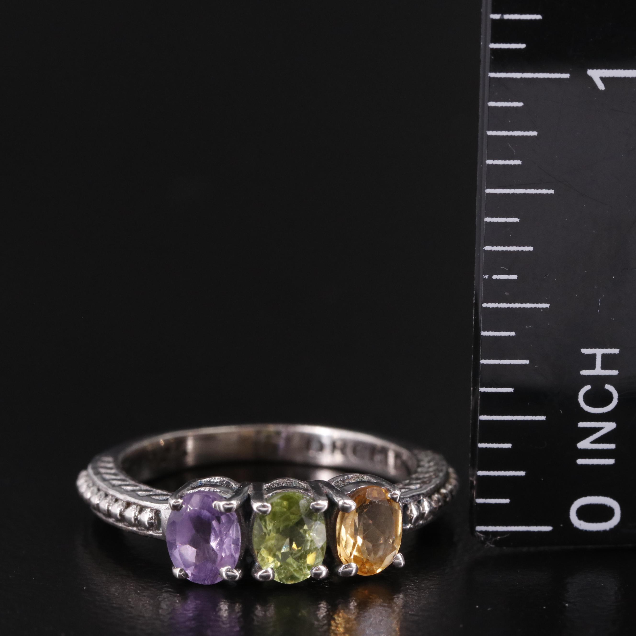 Sterling Amethyst, Peridot, and Citrine Three Stone Ring