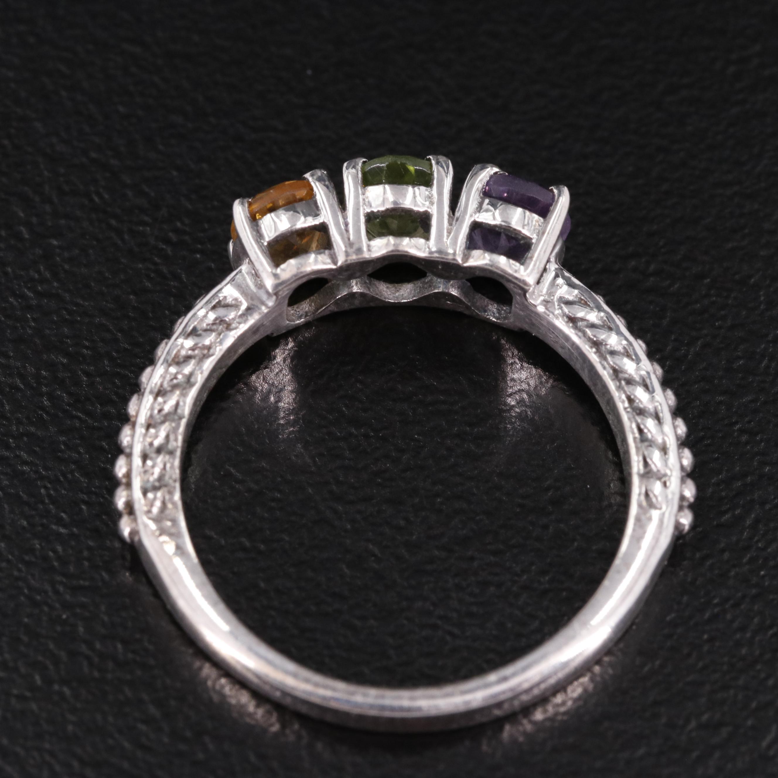 Sterling Amethyst, Peridot, and Citrine Three Stone Ring