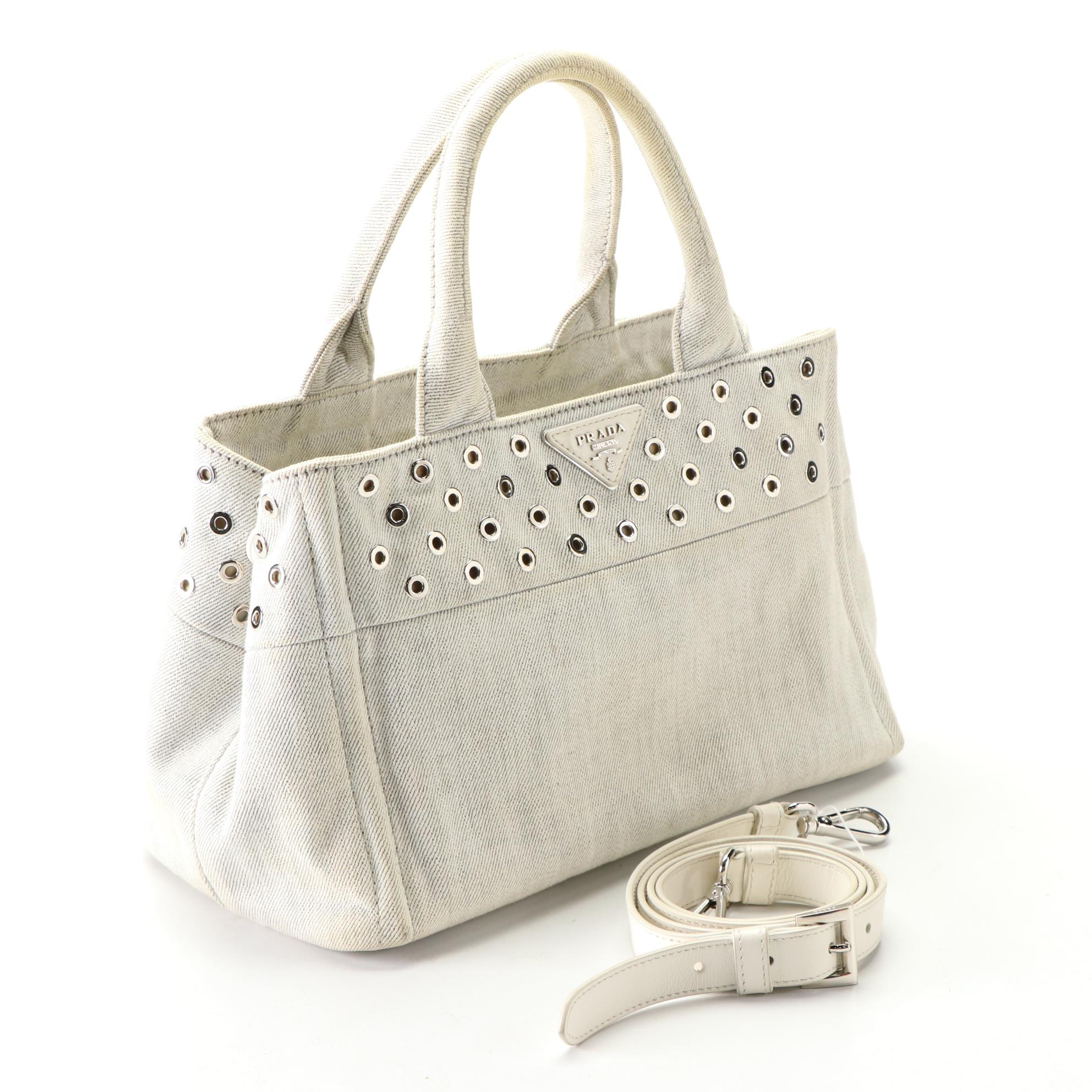 Prada Grommet Studded Denim Canvas Tote
