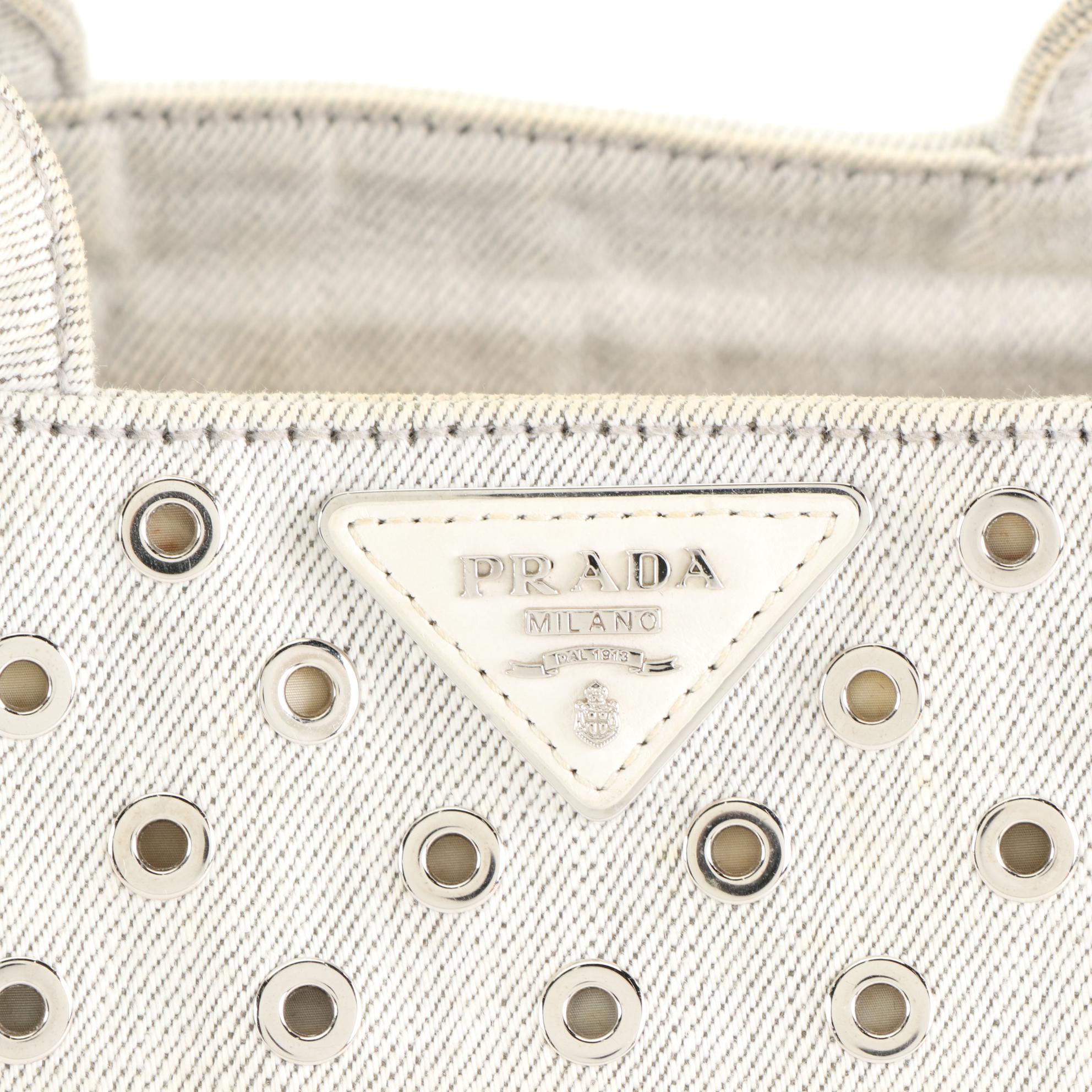 Prada Grommet Studded Denim Canvas Tote