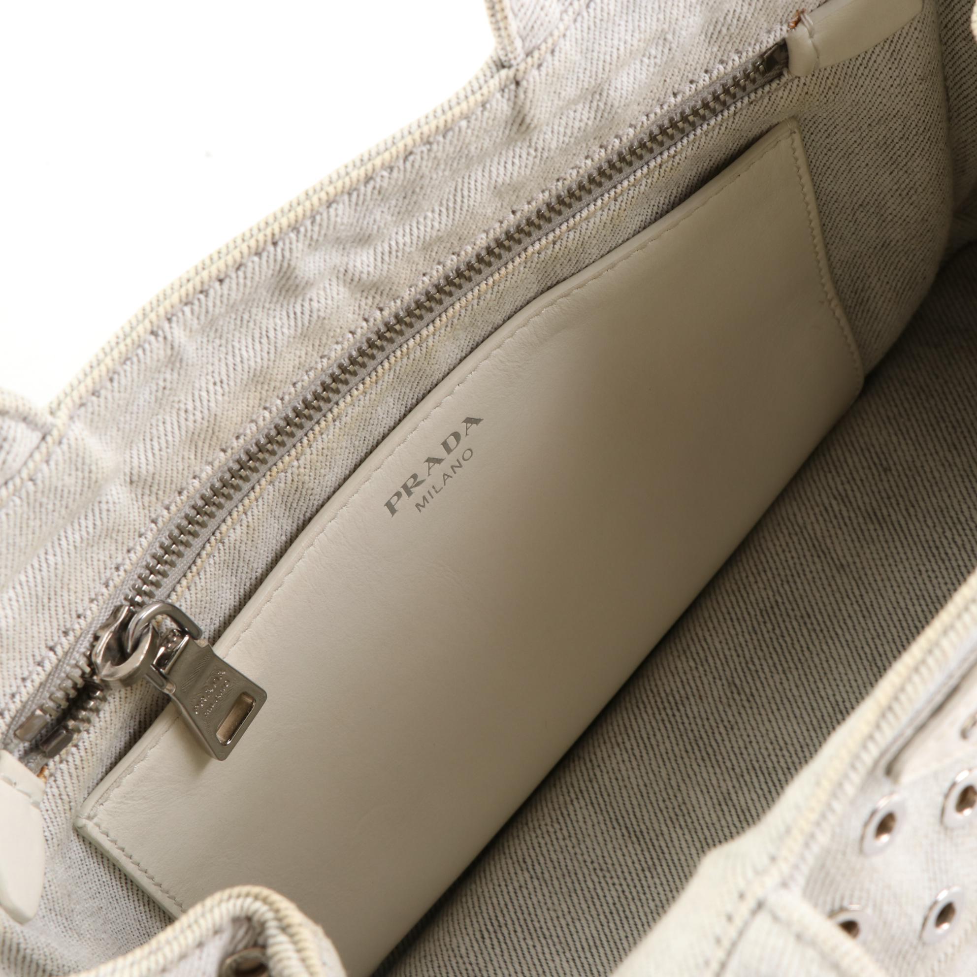 Prada Grommet Studded Denim Canvas Tote