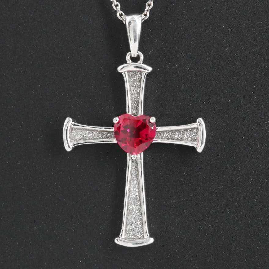 Sterling Ruby Cross Pendant Necklace