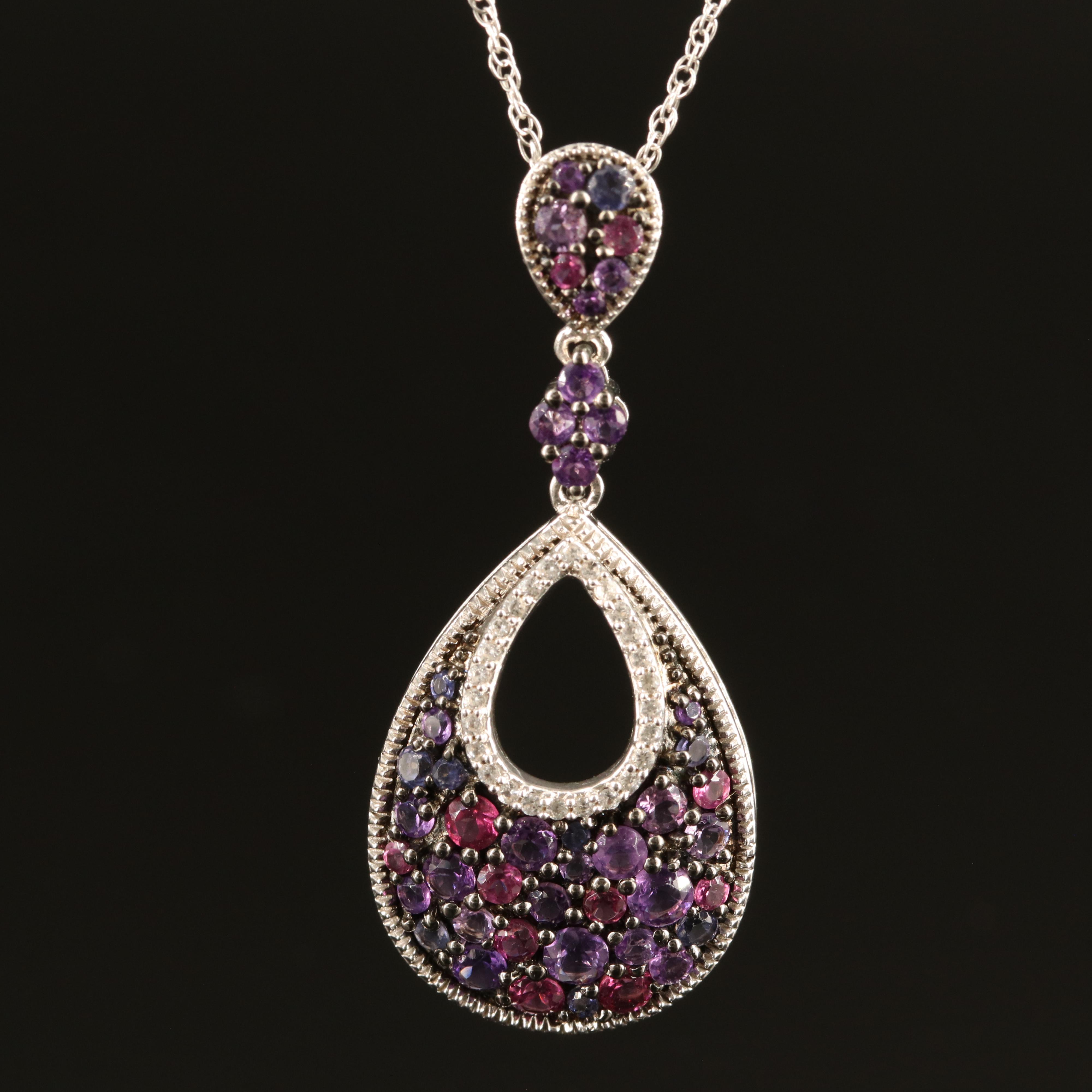 Sterling Amethyst, Tanzanite and Garnet Teardrop Pendant Necklace