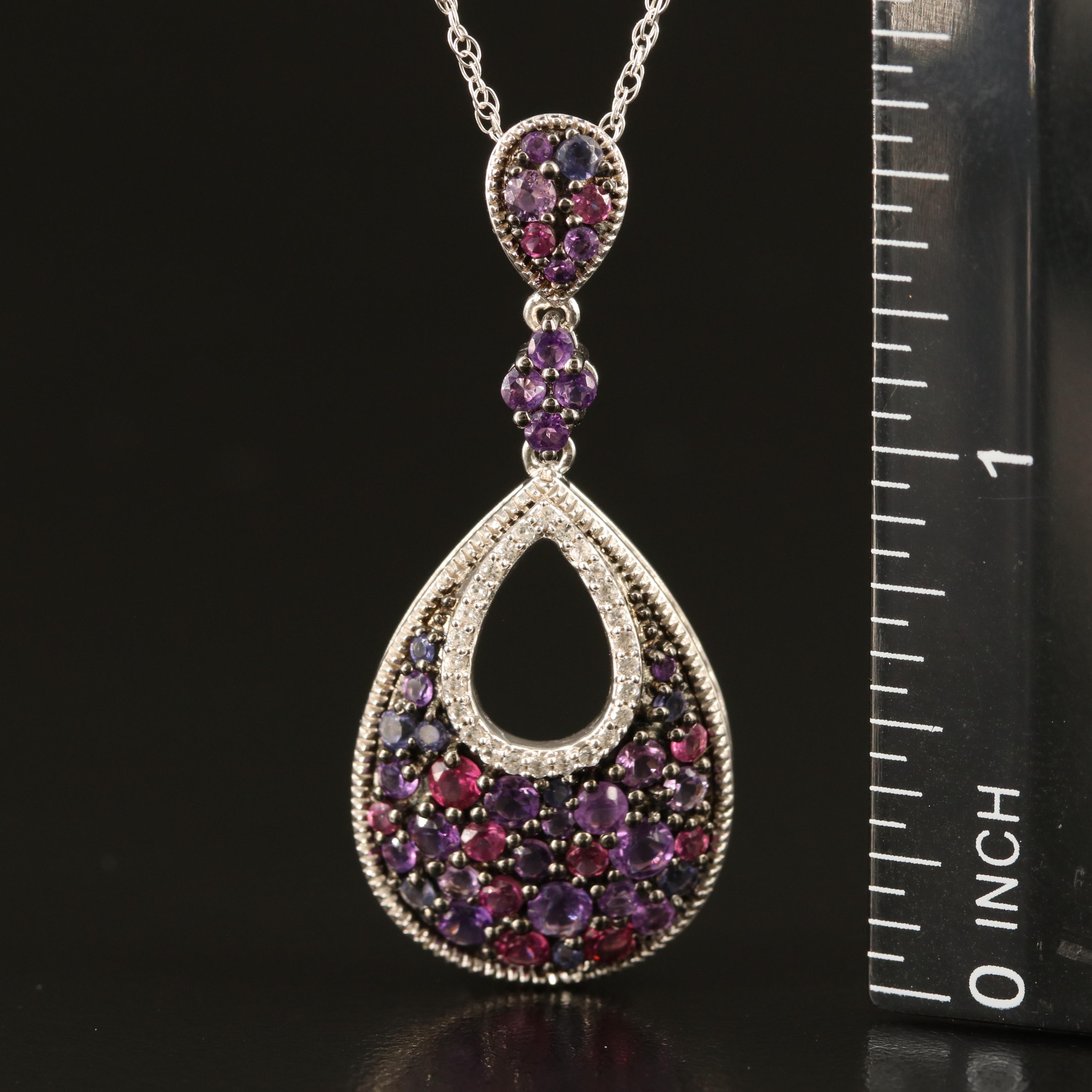 Sterling Amethyst, Tanzanite and Garnet Teardrop Pendant Necklace
