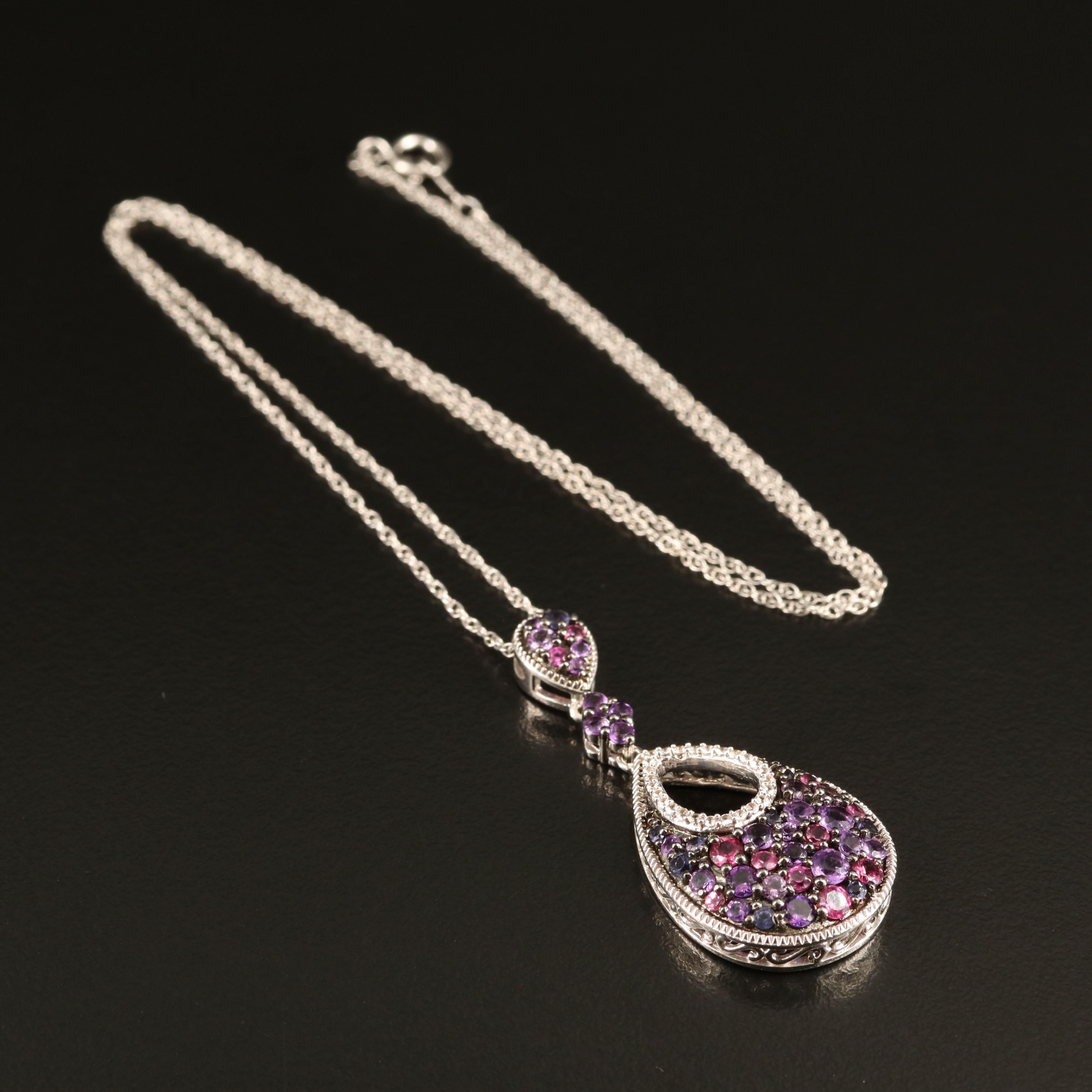 Sterling Amethyst, Tanzanite and Garnet Teardrop Pendant Necklace