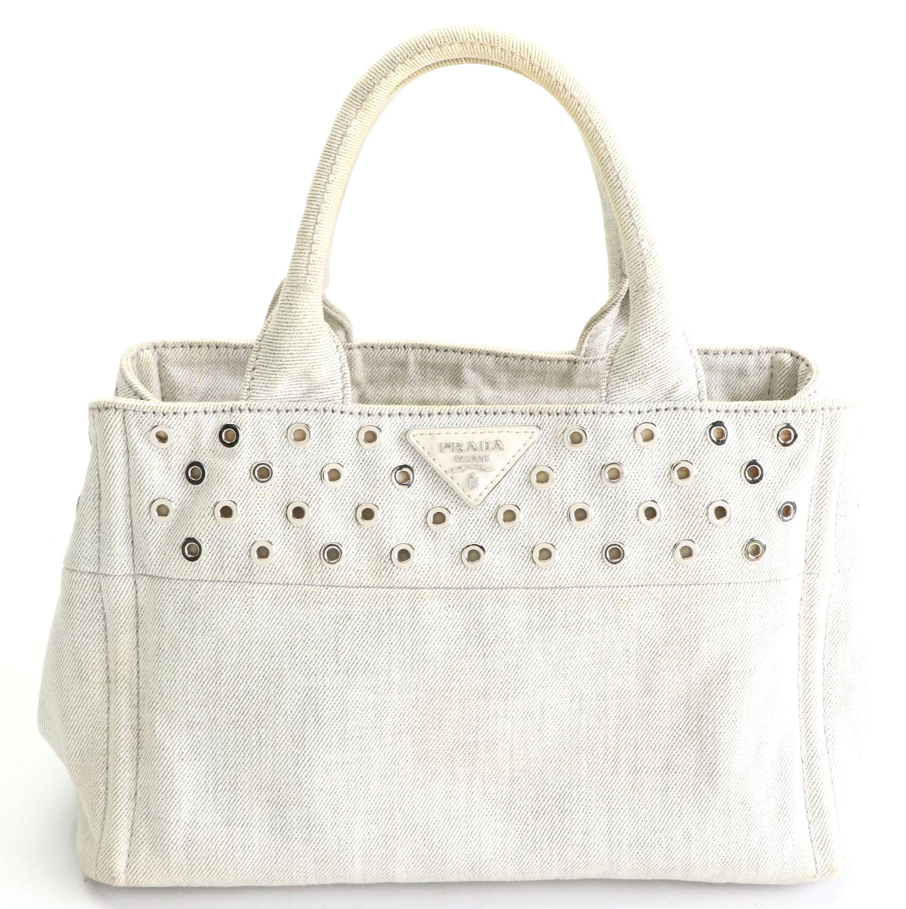 Prada Grommet Studded Denim Canvas Tote