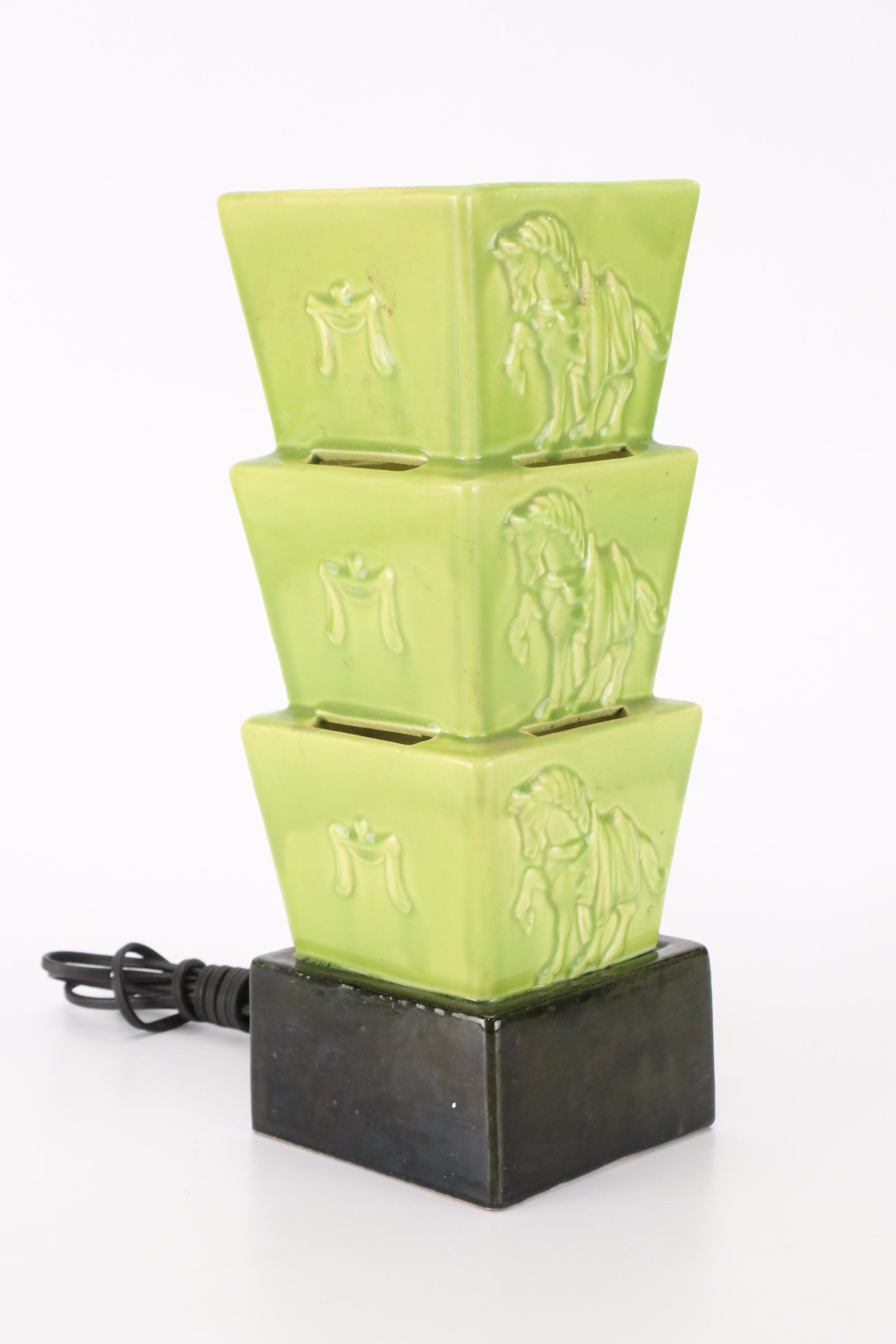 Chartreuse Glazed Horses Ceramic Table Lamp, Early to Mid-20th C.