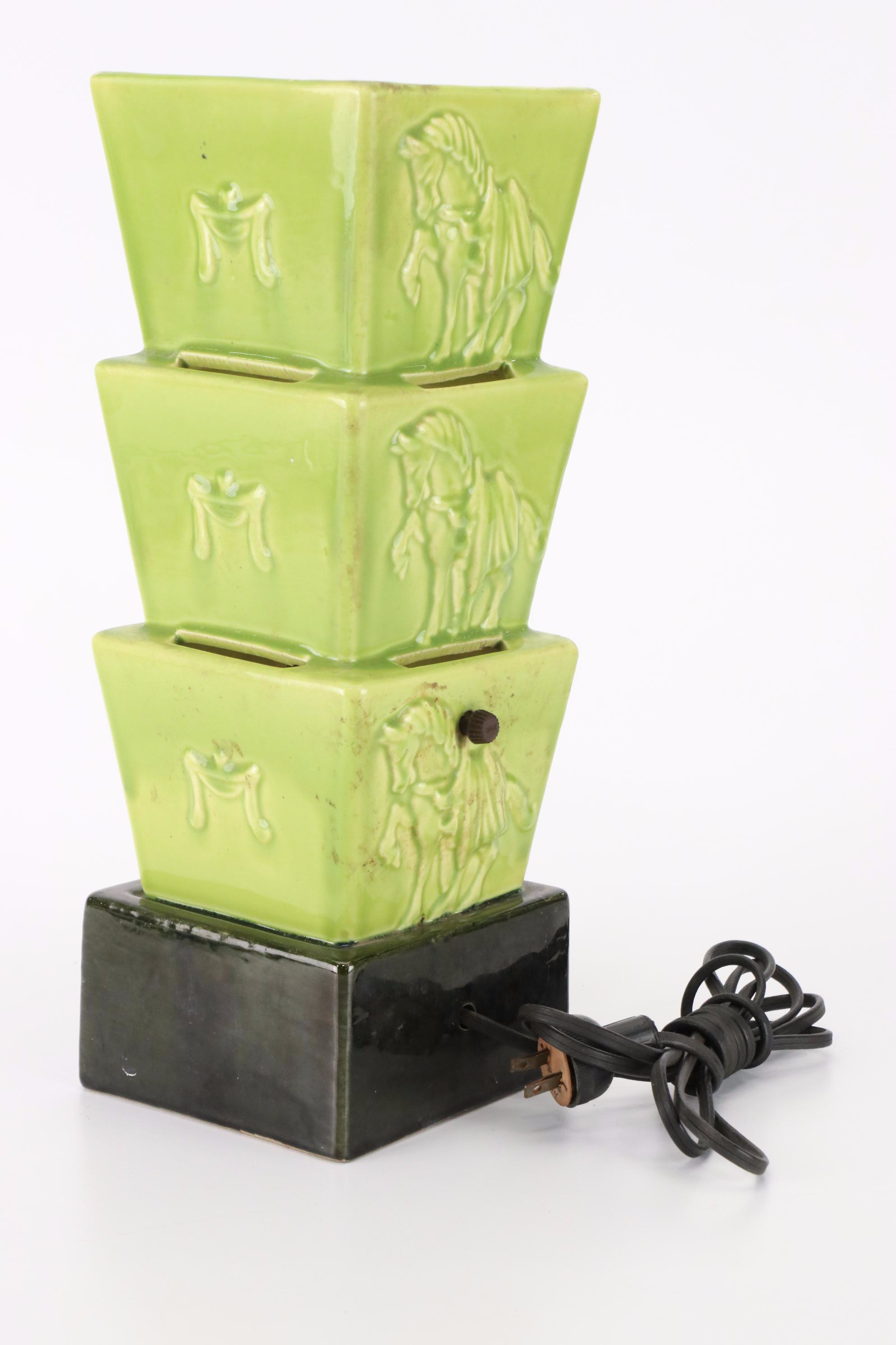 Chartreuse Glazed Horses Ceramic Table Lamp, Early to Mid-20th C.