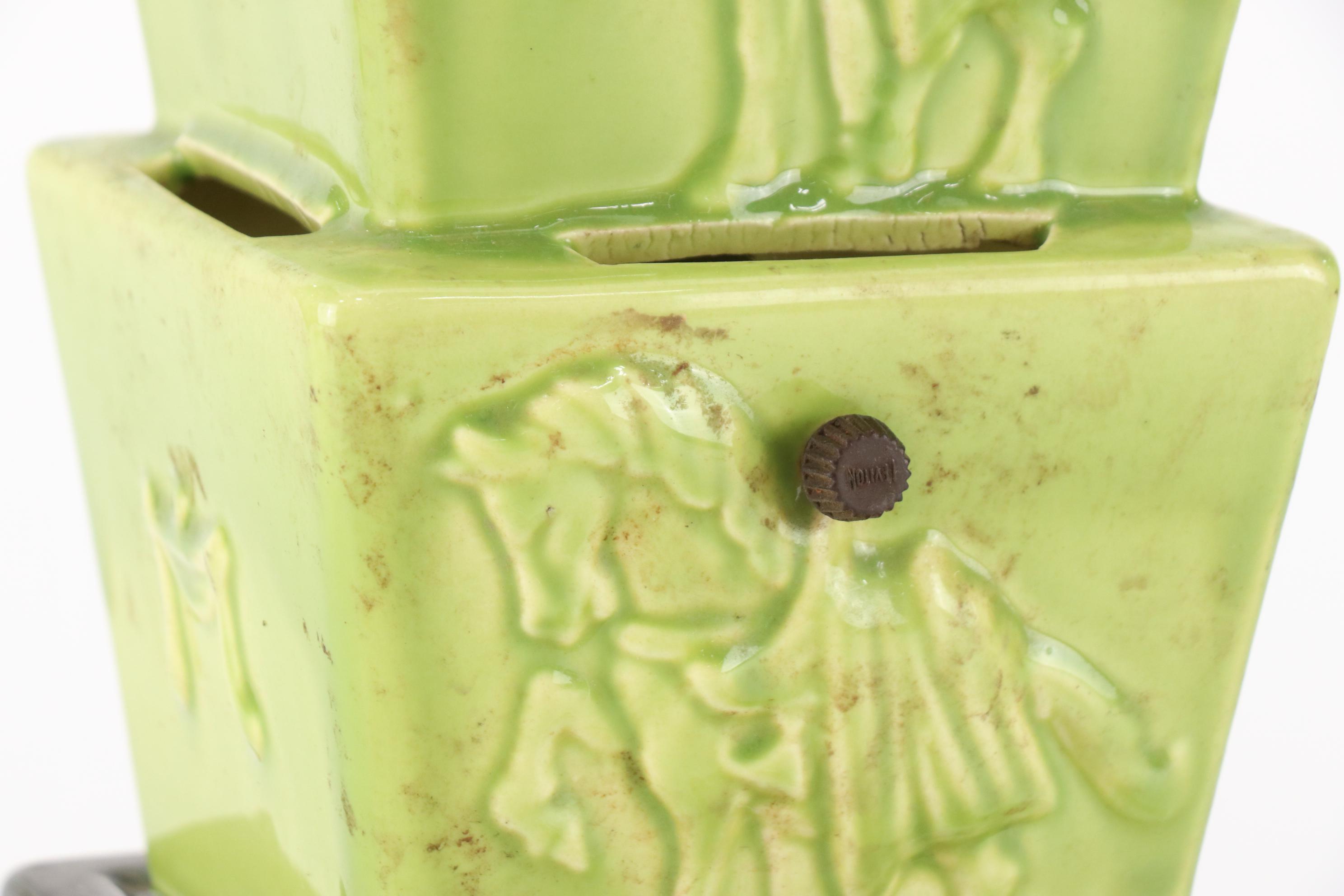 Chartreuse Glazed Horses Ceramic Table Lamp, Early to Mid-20th C.