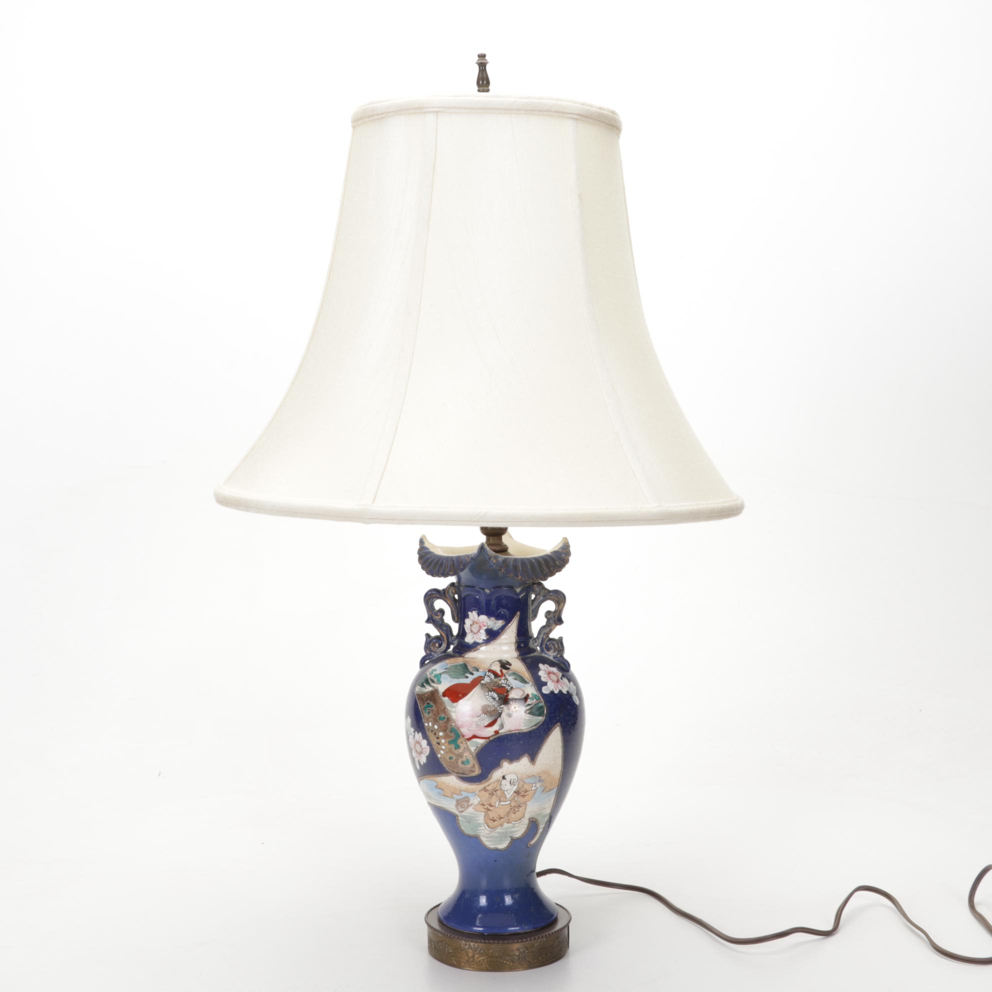 Japanese Porcelain Table Lamp with Figurines and Framed Hinterglass Flowers