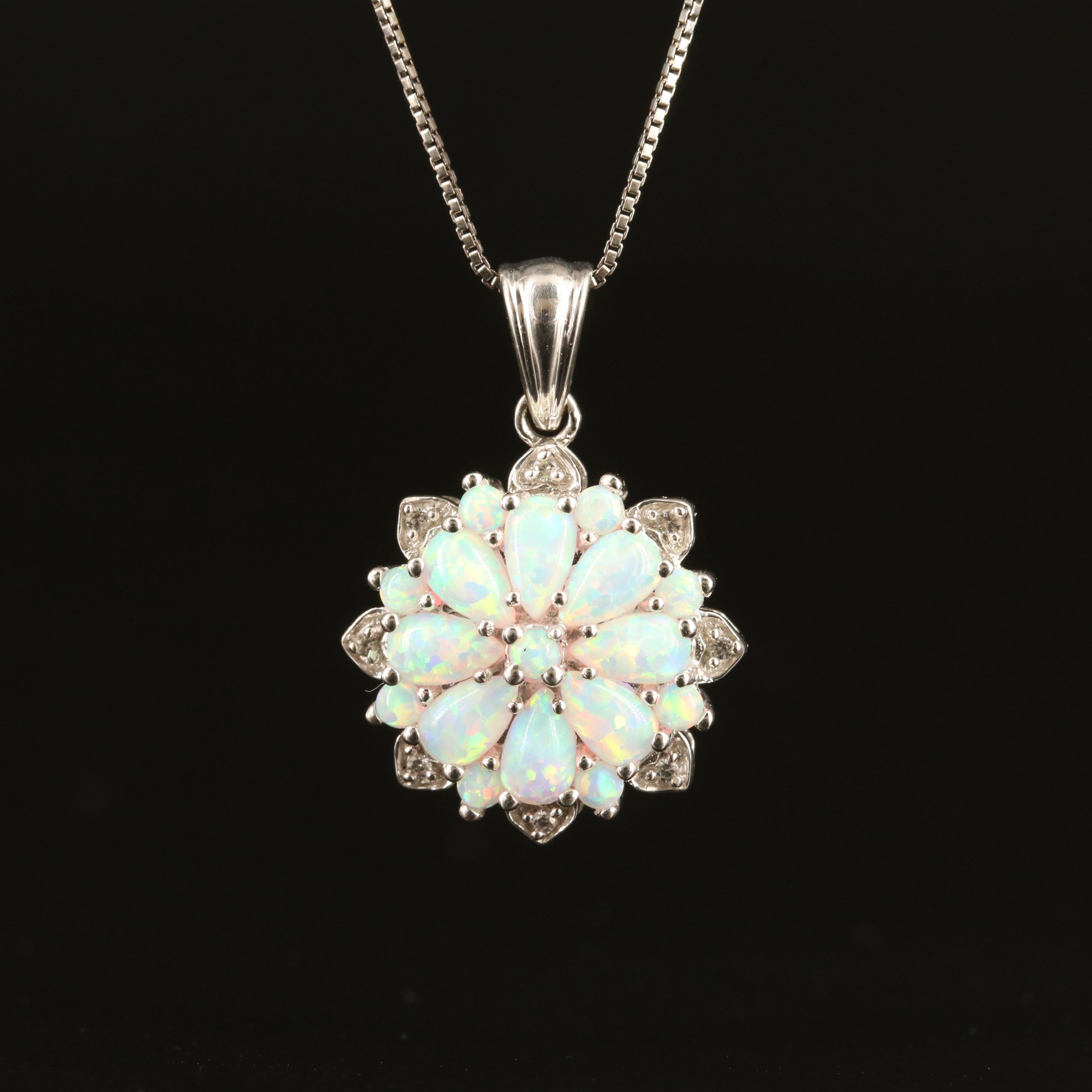 Sterling Opal and White Sapphire Cluster Pendant Necklace