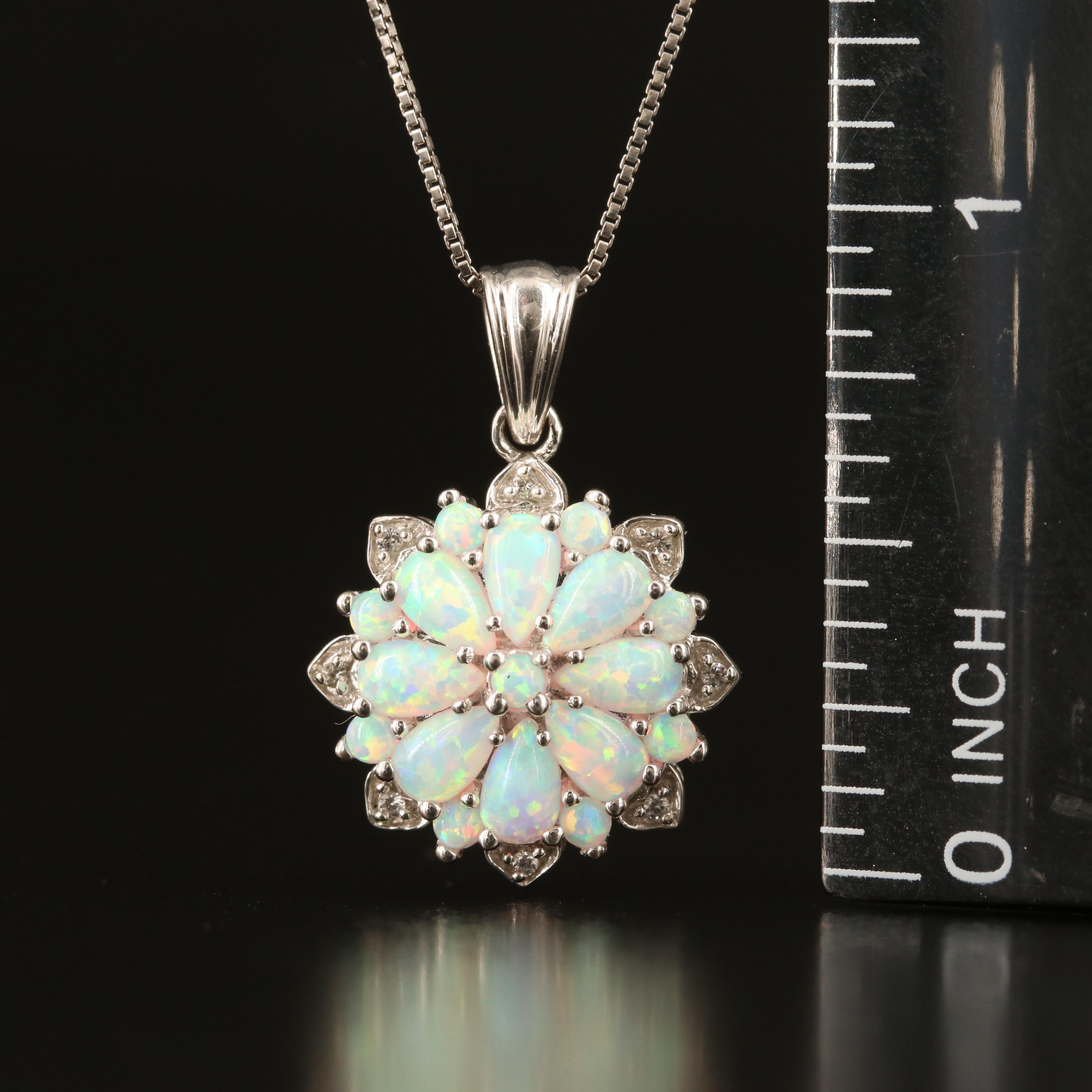 Sterling Opal and White Sapphire Cluster Pendant Necklace