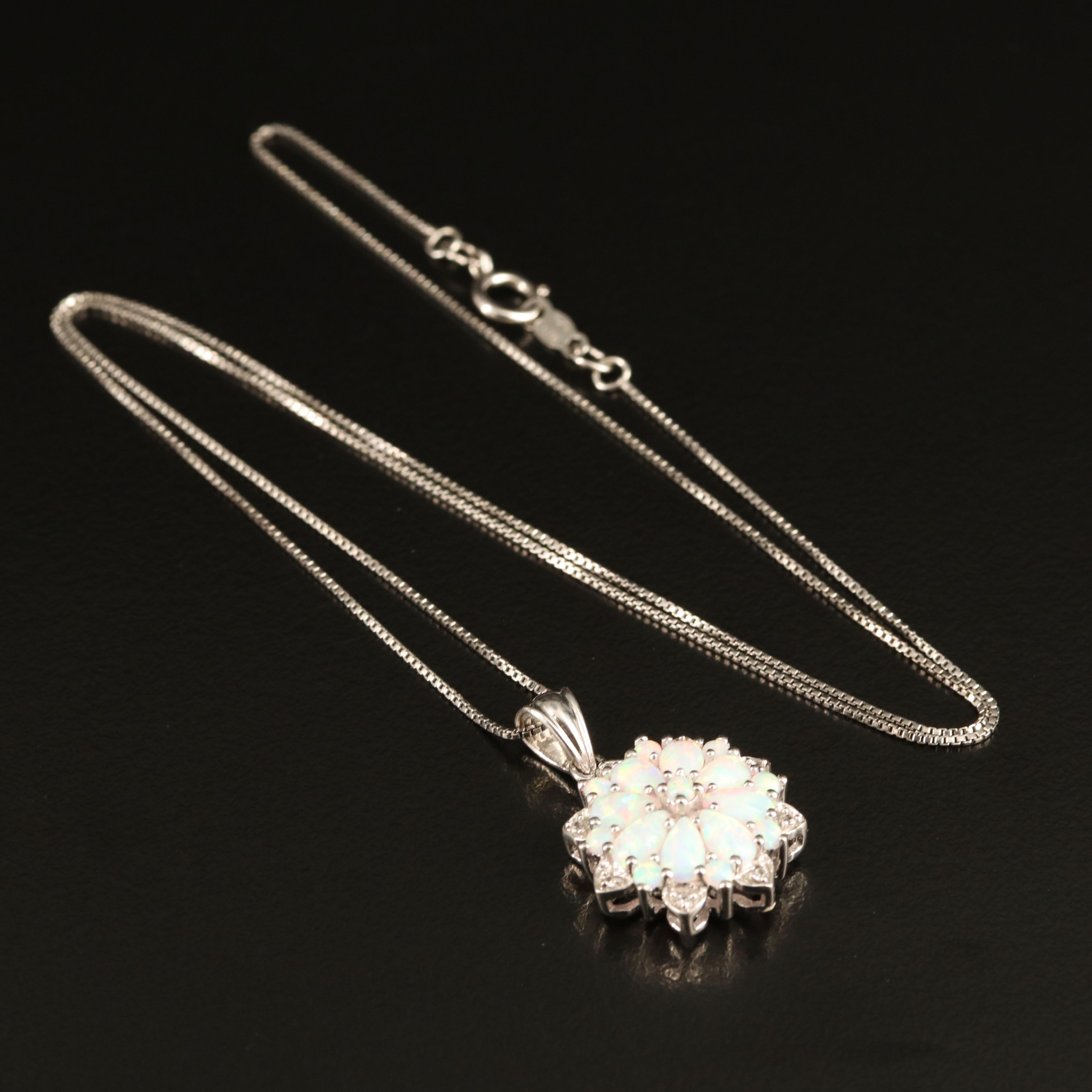 Sterling Opal and White Sapphire Cluster Pendant Necklace
